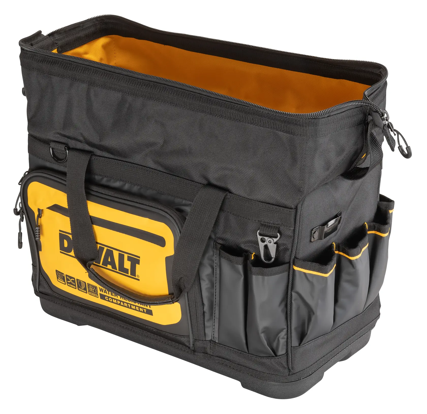 A DEWALT-branded black and yellow tool bag with multiple exterior pockets, a zippered top opening, and sturdy handles. The bag is designed for carrying and organizing tools.