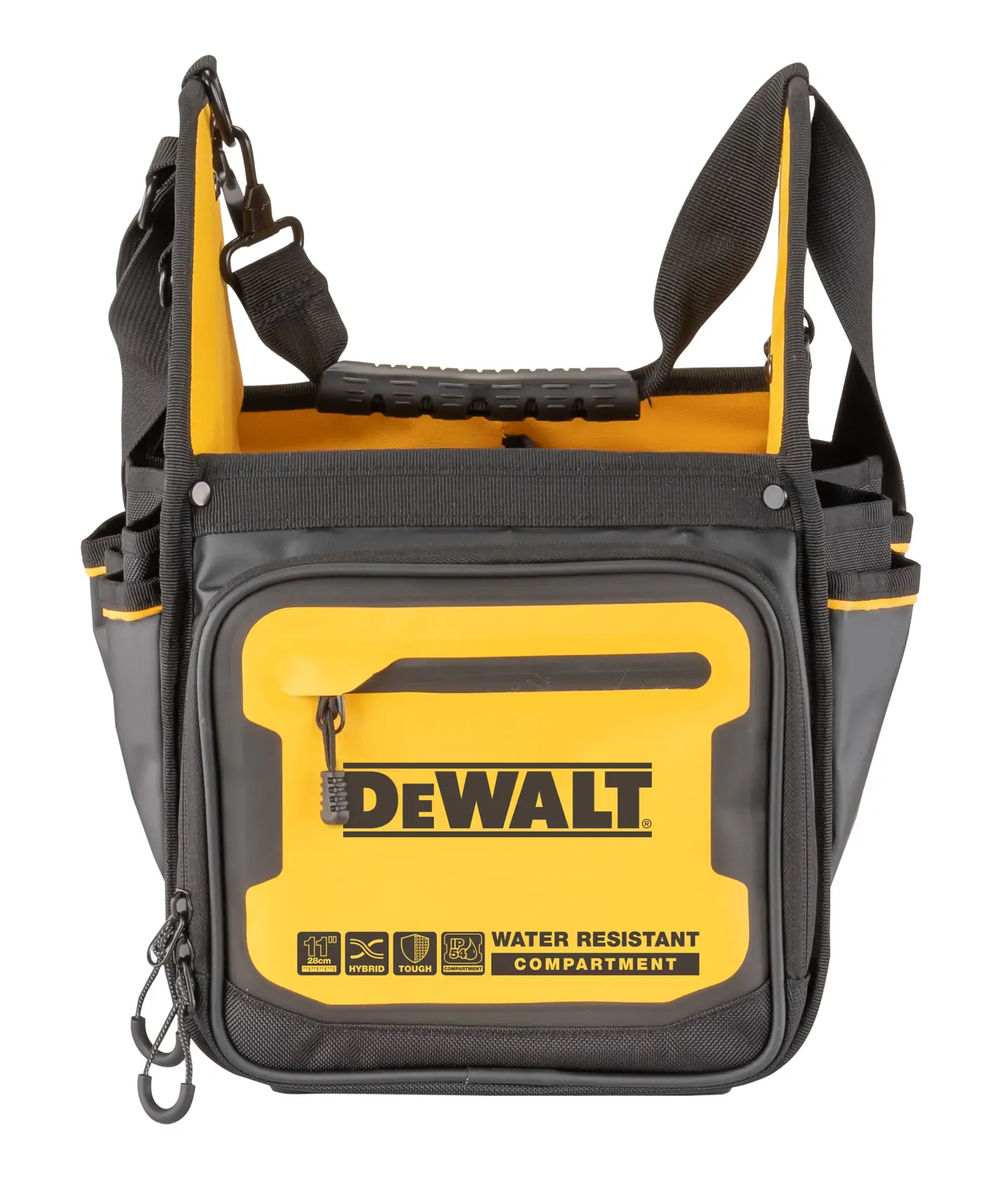 Front view of a DEWALT branded tool bag with a yellow and black design, featuring multiple compartments and a water resistant compartment.