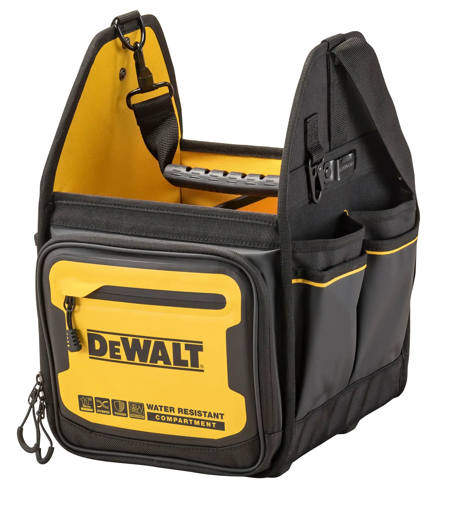 A DEWALT branded black and yellow tool bag with multiple compartments, including a water-resistant front compartment, designed for organizing and carrying tools.