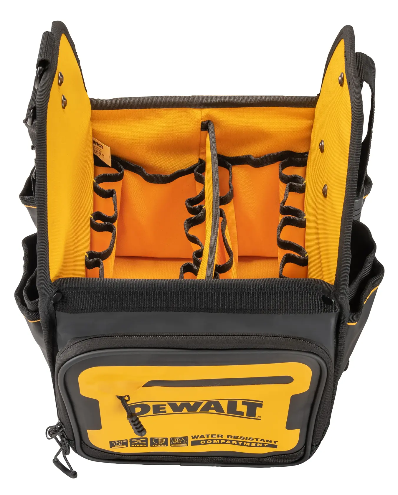 A DEWALT branded black and yellow tool bag with multiple compartments and pockets designed for organizing tools. The front pocket is labeled 'water resistant compartment.' The interior features elastic loops for tool storage.