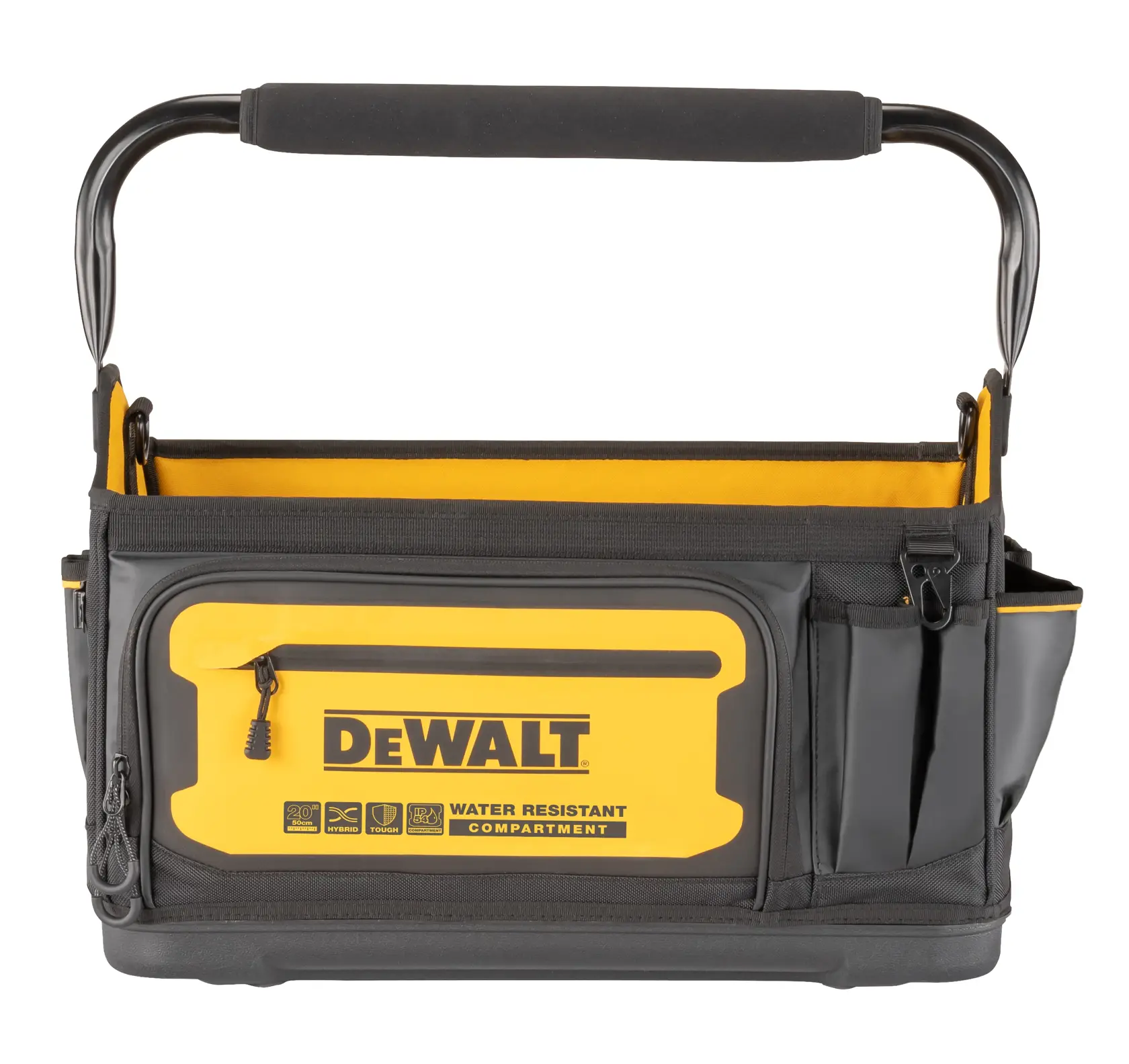 A DEWALT branded black and yellow open-top tool bag with a sturdy handle, several exterior pockets and compartments, and a labeled water resistant compartment on the front.