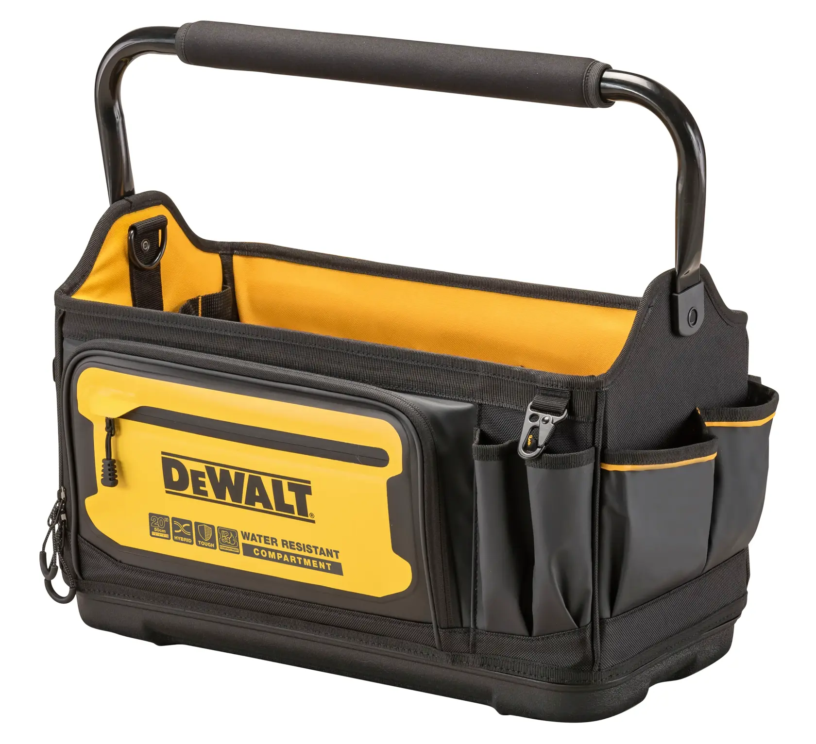 A DEWALT branded black and yellow open tool bag with a sturdy handle, multiple side compartments, and a water resistant zippered pocket on the front.