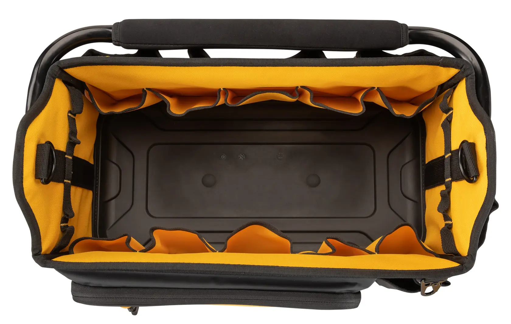 Top view of an empty DEWALT tool bag with multiple yellow interior pockets and a black rigid base, designed for organizing and carrying tools.