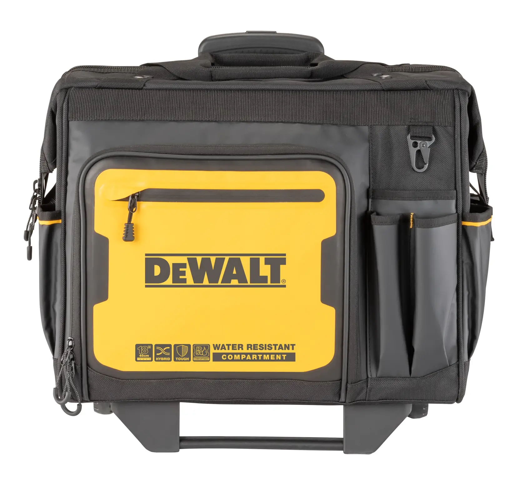 Front view of a DEWALT branded photography bag with a water resistant compartment, black and yellow design, zippered pocket, and multiple side pockets.