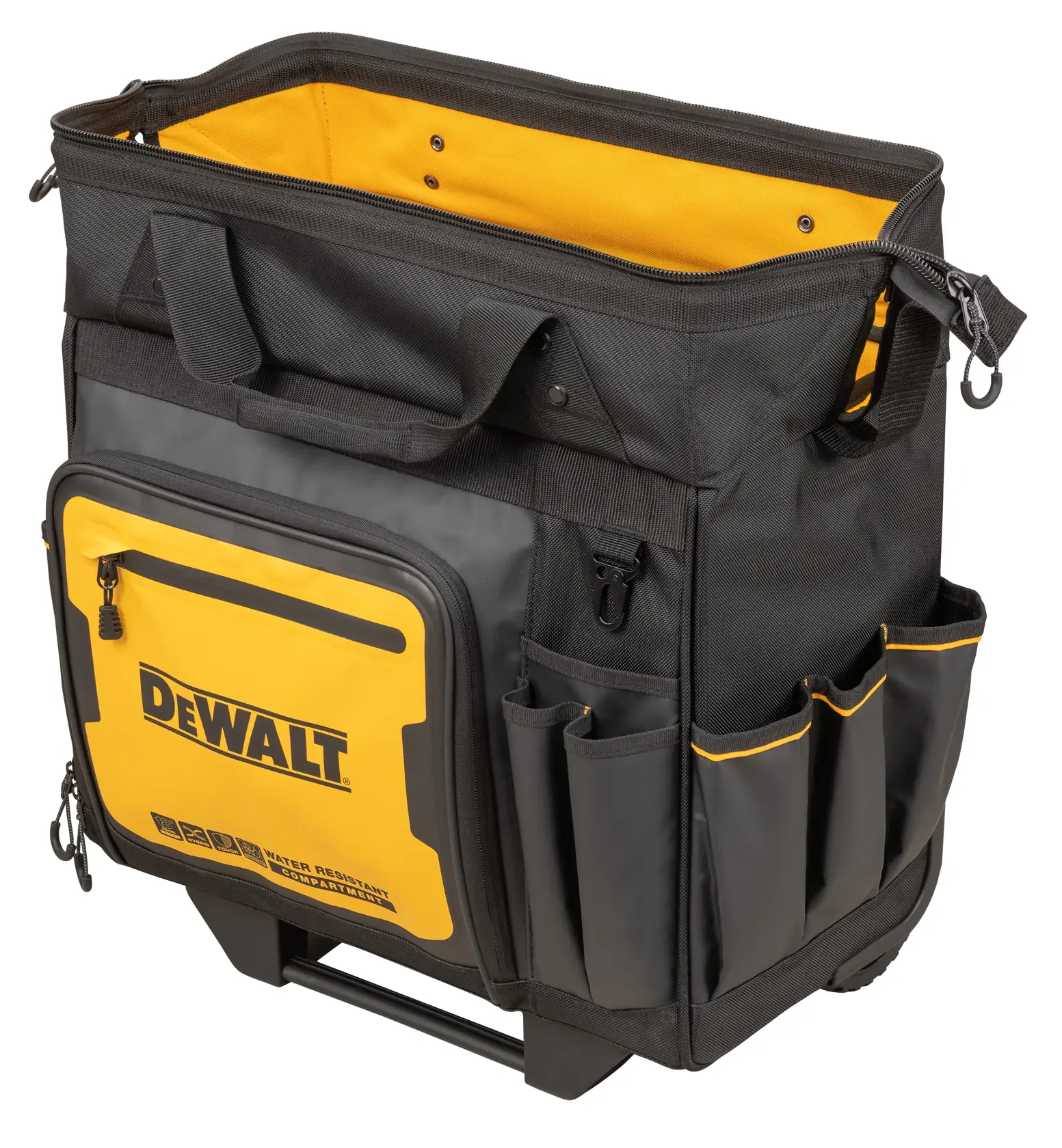 A DEWALT branded black and yellow rolling tool bag with multiple pockets and compartments. The bag features sturdy handles, a large zippered front pocket, and exterior slots for tools and accessories.