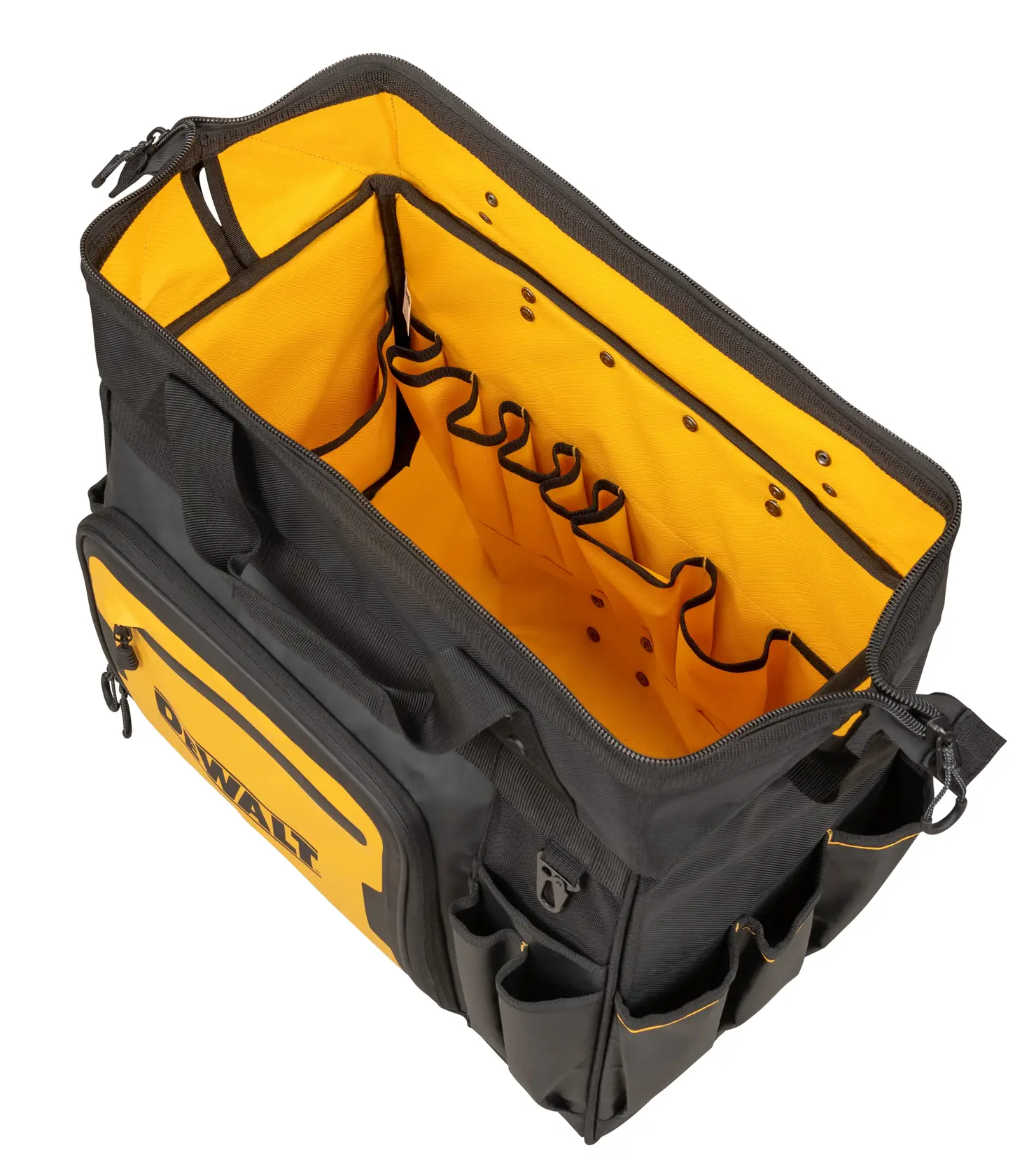 A black and yellow DEWALT tool bag with multiple pockets and compartments, shown from above with the top open.