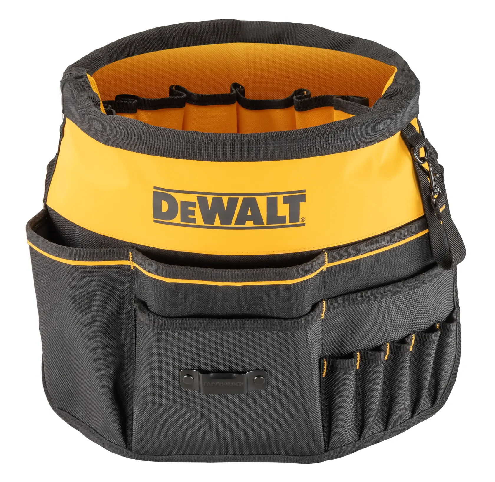 A DEWALT branded black and yellow tool bucket organizer with multiple pockets and compartments. The organizer is made of durable fabric and is designed to fit around a bucket for holding tools and accessories.