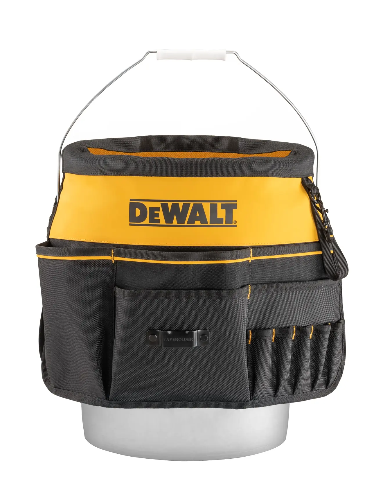 A DEWALT branded black and yellow tool organizer with multiple pockets, designed to fit around a round bucket, featuring a carrying handle.