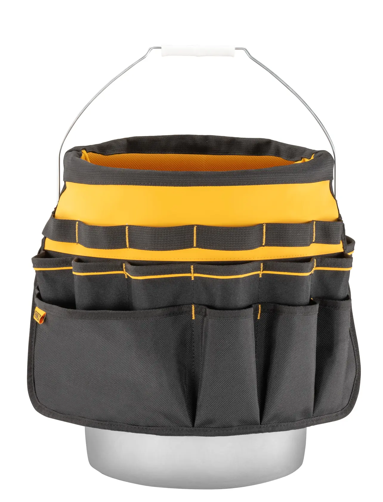 A DEWALT tool organizer with multiple black and yellow pockets attached to a bucket, designed for conveniently storing and carrying tools.