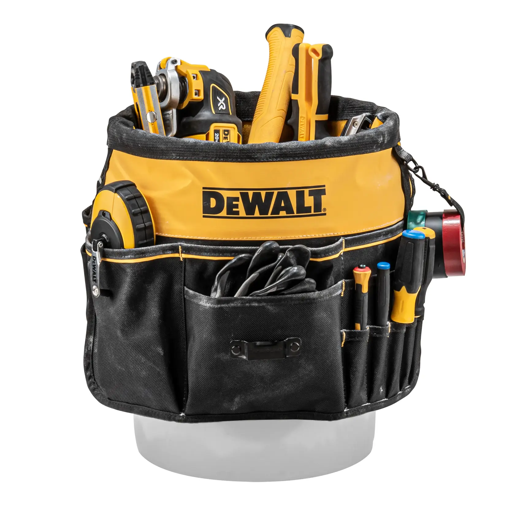 A DEWALT branded black and yellow bucket organizer filled with various hand tools such as screwdrivers, pliers, and a measuring tape. The organizer is designed to sit on a bucket and has multiple pockets for tool storage.