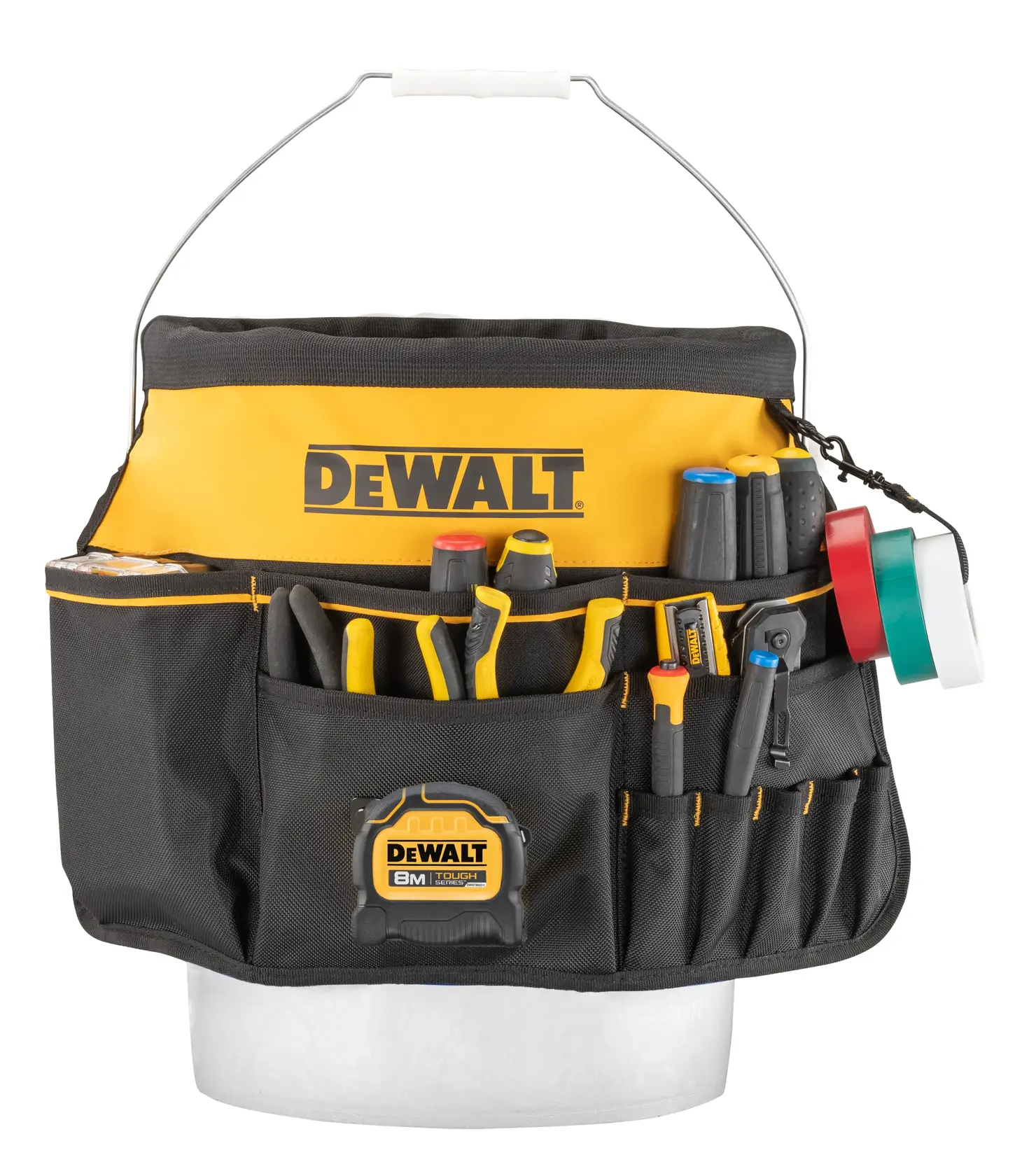 A DEWALT branded black and yellow tool organizer attached to a bucket, showing multiple pockets filled with hand tools, tape rolls, and a measuring tape.