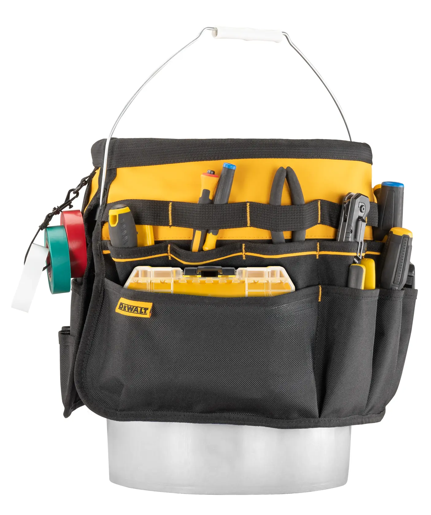 A DEWALT black and yellow tool organizer with multiple pockets, holding various hand tools and accessories. The organizer is fitted onto a metal bucket and includes items like pliers, screwdrivers, tape rolls, and a clear plastic storage box.