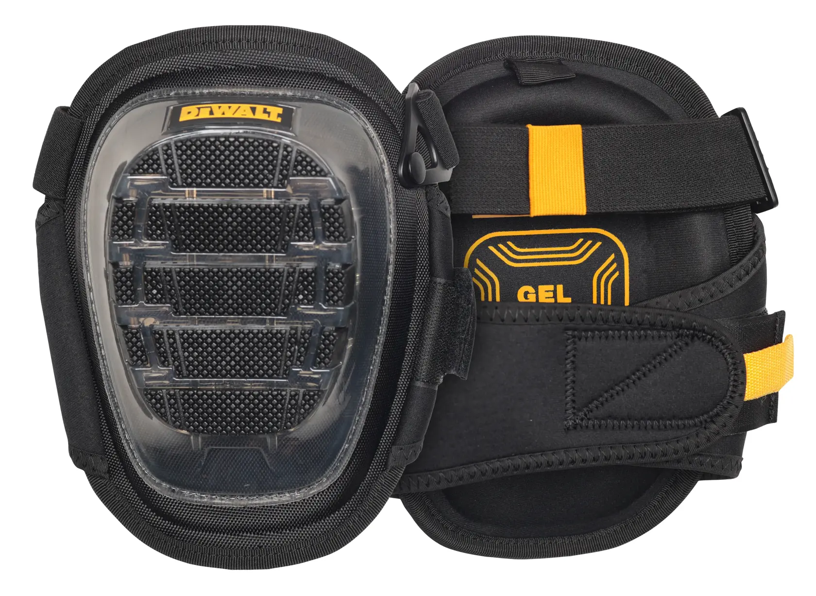 A pair of DEWALT gel knee pads designed for safety and comfort, featuring a durable protective outer shell, adjustable straps, and gel padding.