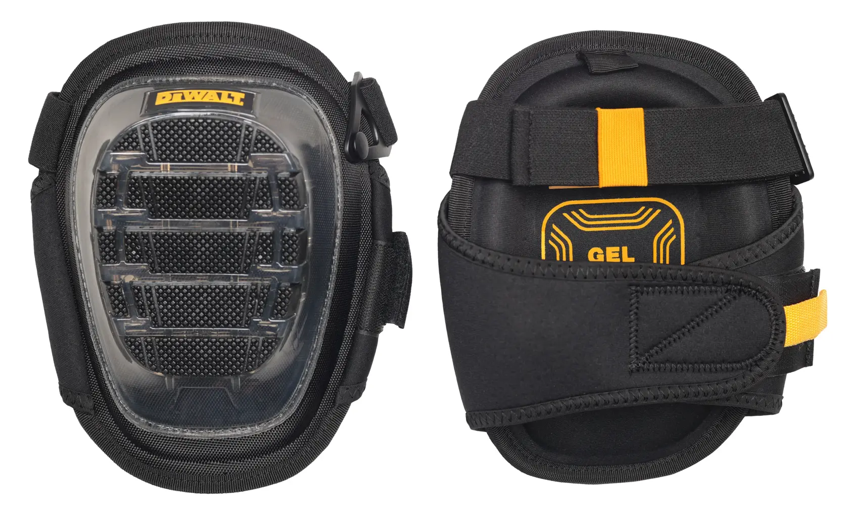A pair of DEWALT knee pads featuring a gel cushion and durable outer shell, designed for protection and comfort during work. They have adjustable straps for secure fitting.