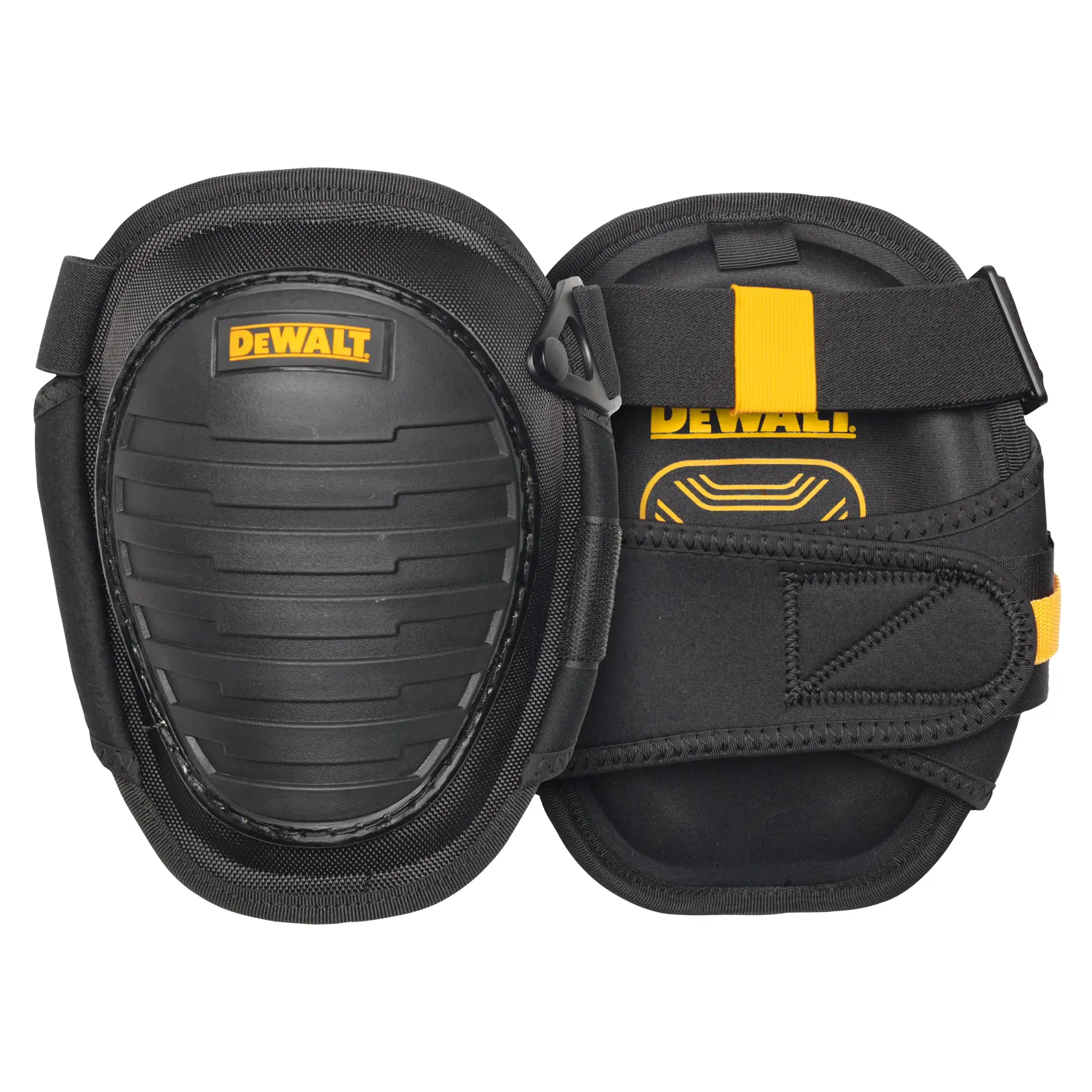A pair of black DEWALT knee pads with hard shell protection, adjustable straps, and yellow branding, designed for worksite or construction use.