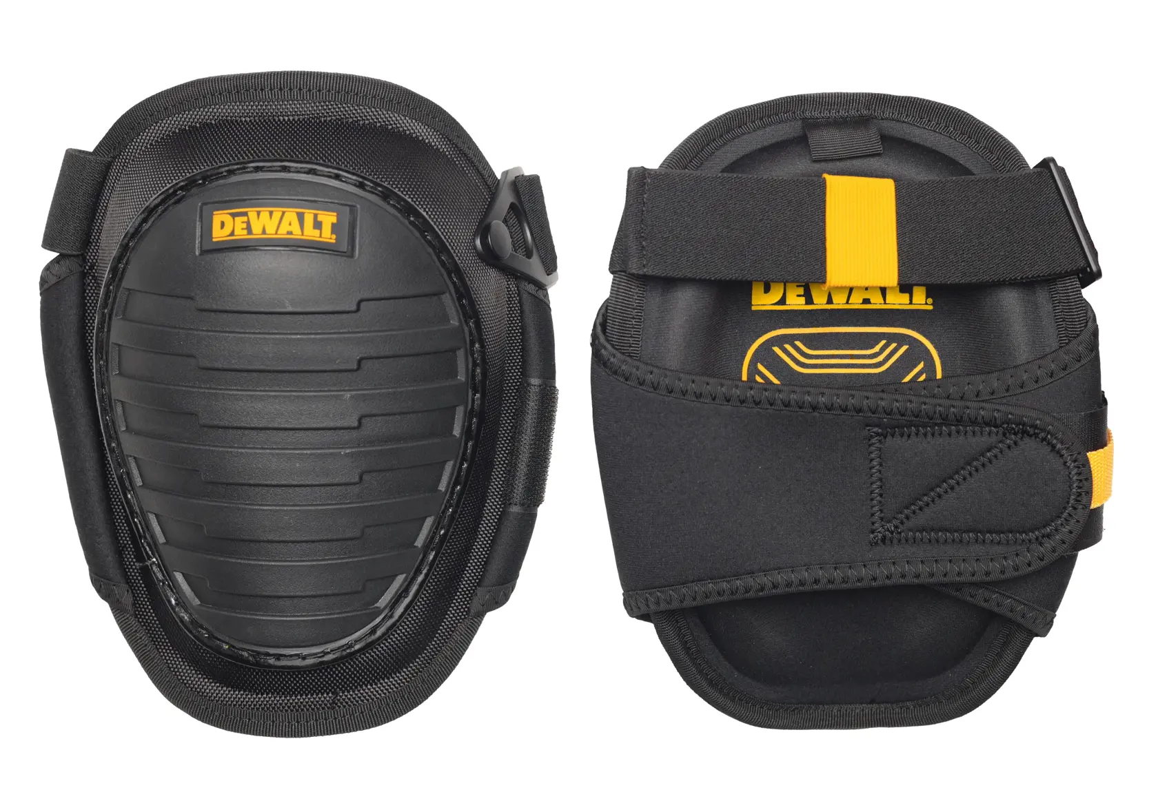 A pair of black DEWALT knee pads with hard plastic protection and adjustable straps, shown from the front and back.