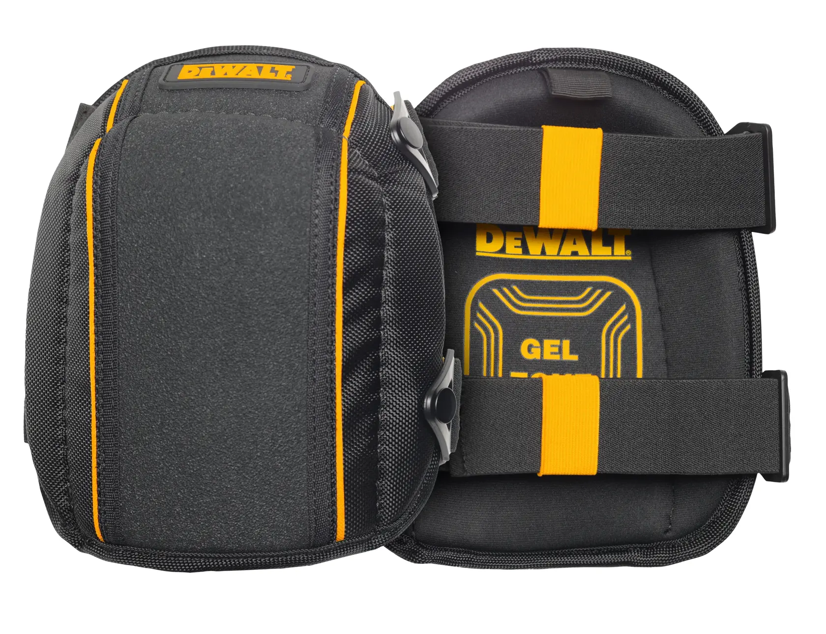 A pair of DEWALT black gel knee pads with yellow accents, shown from the front and back. The front knee pad has a durable textured surface, while the back view displays adjustable straps and DEWALT branding.