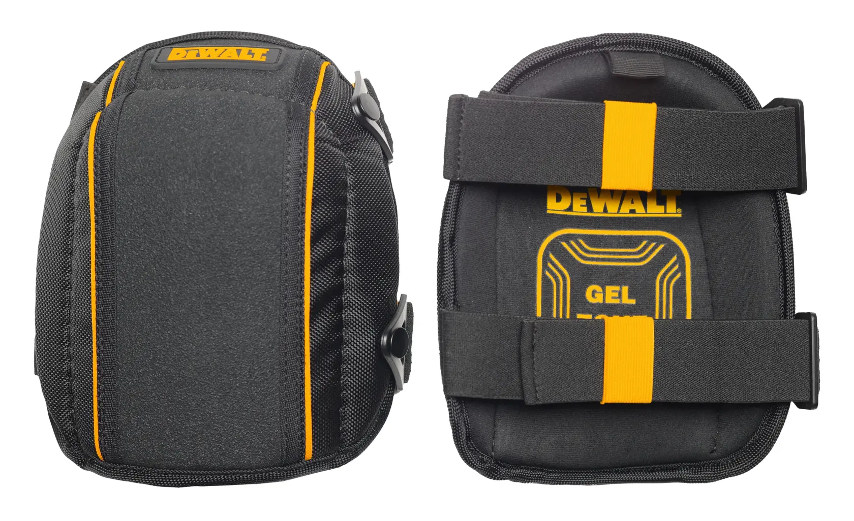 A pair of DEWALT branded gel knee pads in black with yellow accents, showing both the front and back. The back view displays two adjustable straps for secure fit.