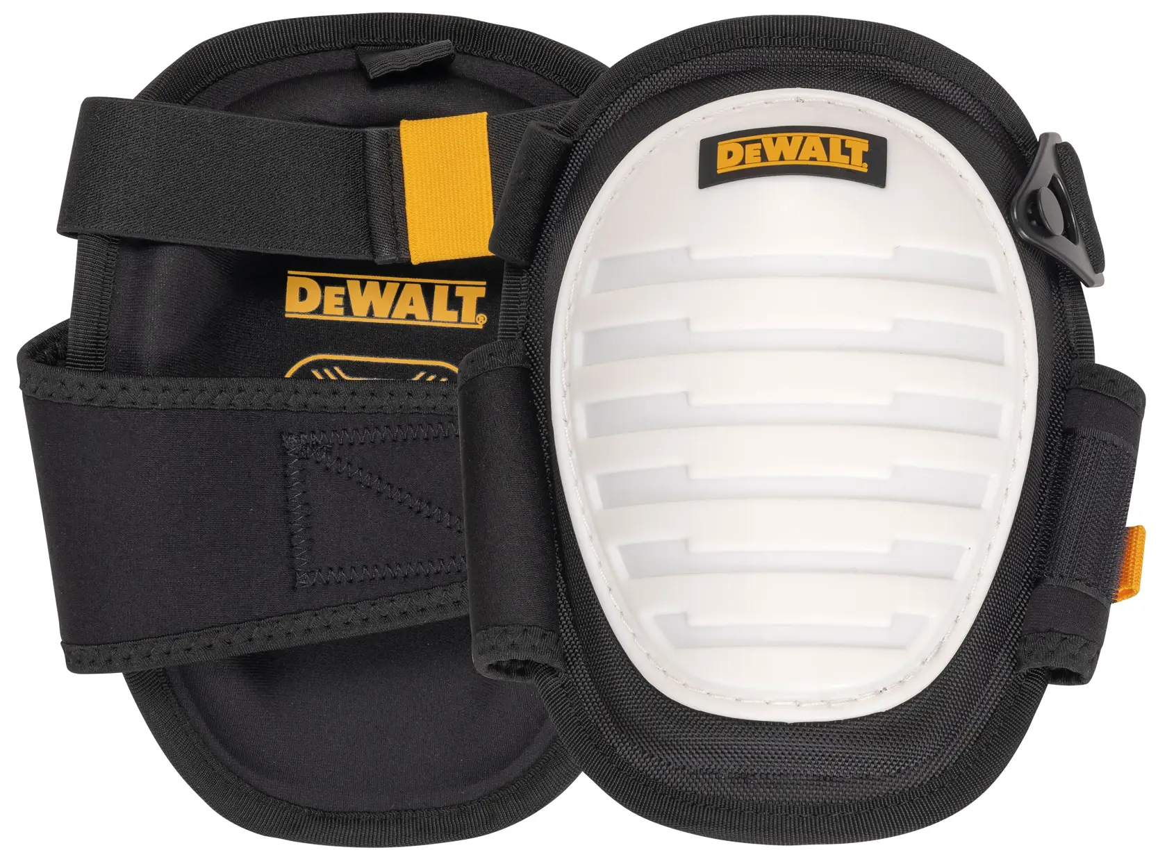 A pair of DEWALT knee pads with black fabric and white hard shell protective surfaces, designed for knee protection during work or activities.