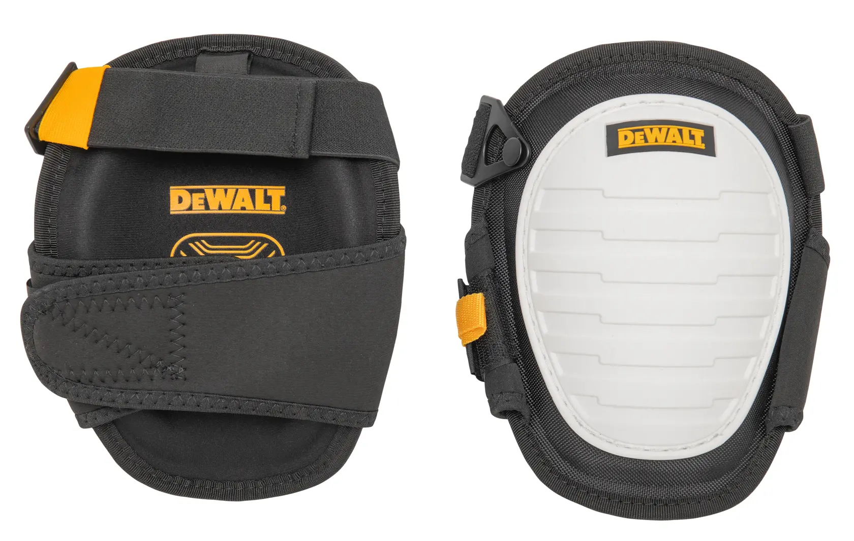 A pair of DEWALT knee pads with black and yellow adjustable straps and a white hard outer shell, designed for protective use in construction or photography settings.