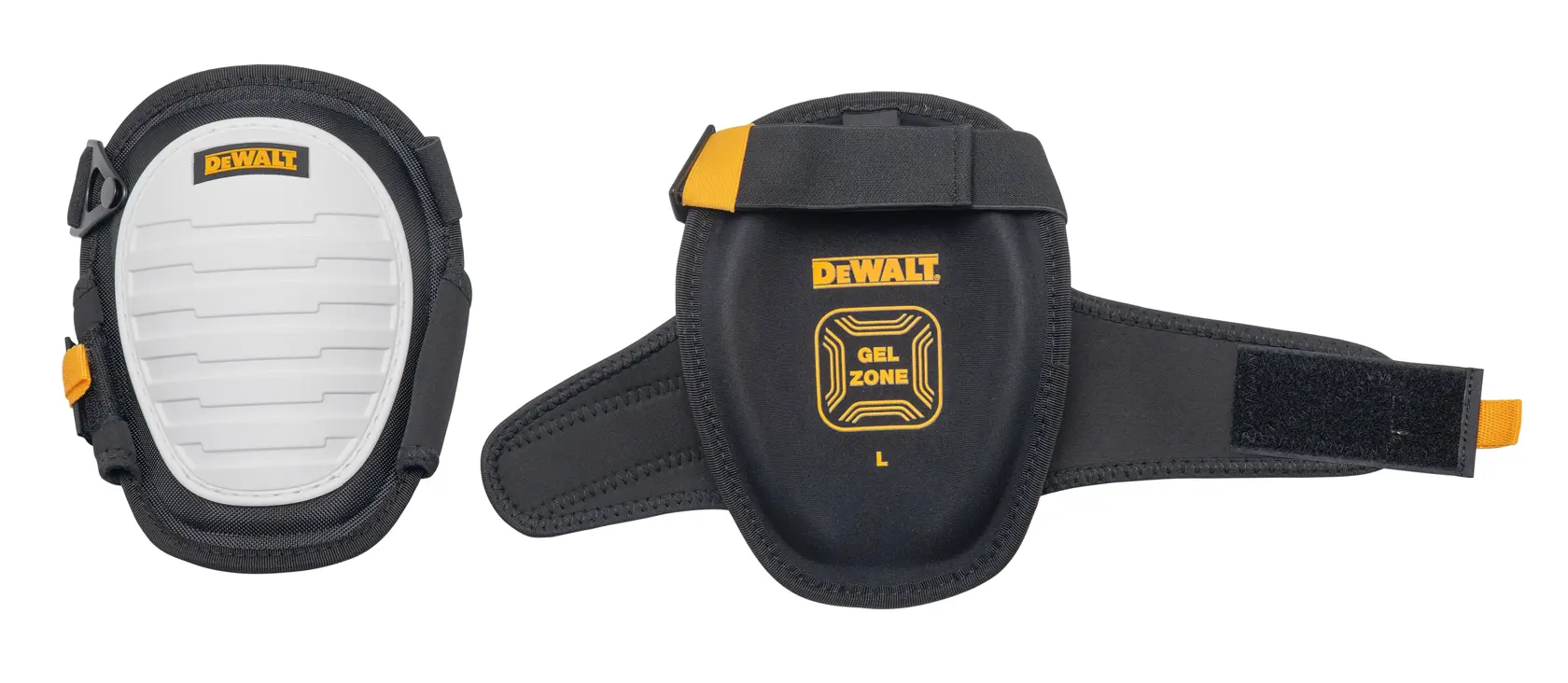 Pair of DEWALT branded gel knee pads with black and yellow design, one showing the hard protective front and the other displaying the adjustable strap and gel padding.