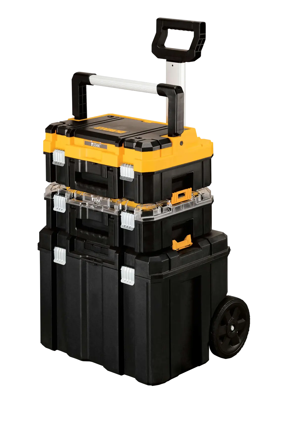 Stacked DEWALT black and yellow portable toolboxes with a telescopic handle and wheels for easy transport.