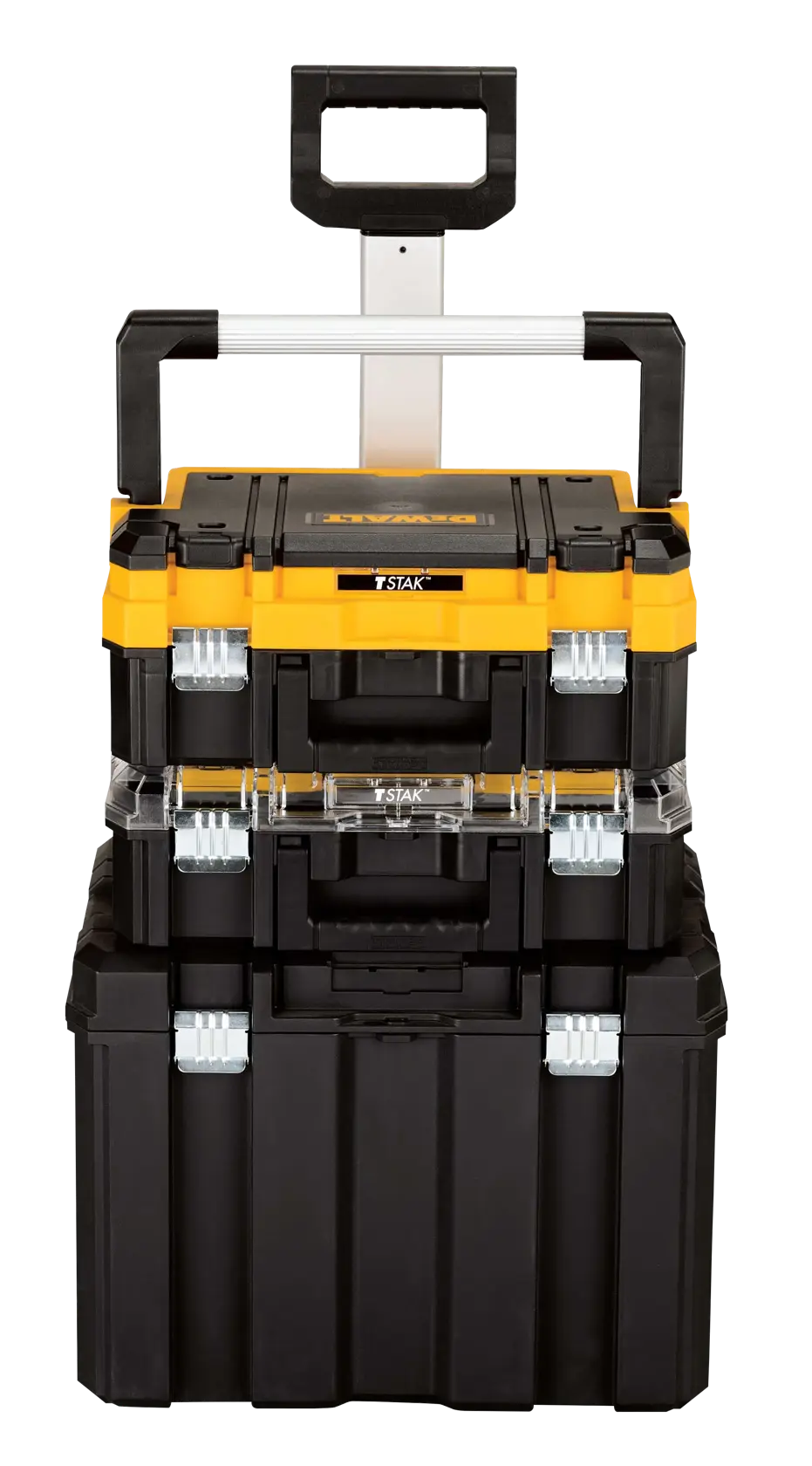 A stackable black and yellow DEWALT rolling tool box system with three storage compartments and a telescoping handle.