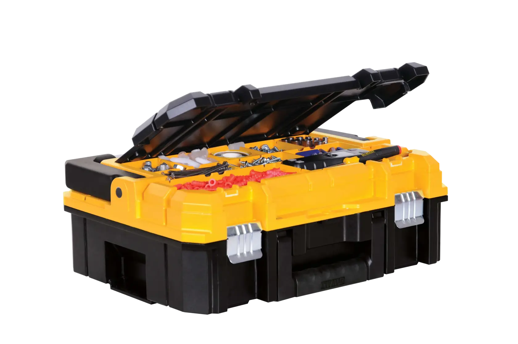 A DEWALT yellow and black portable tool box with an open lid, showing organized compartments filled with various small hardware items such as screws and anchors.