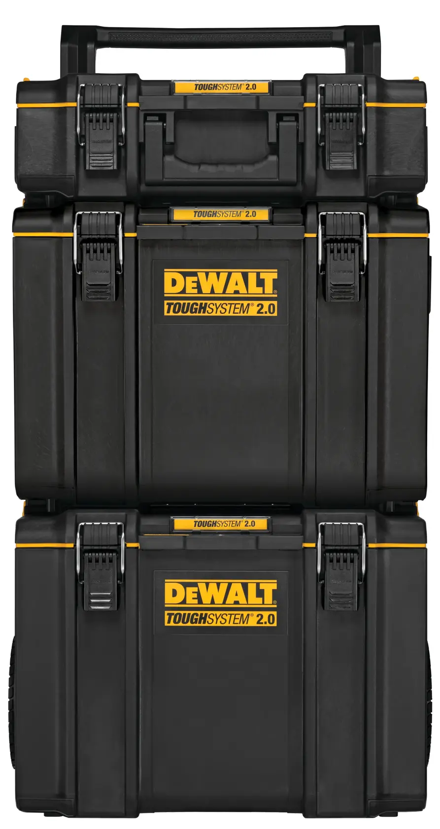 A stack of three black DEWALT ToughSystem 2.0 tool storage boxes with yellow accents and secure latches, designed for durable and organized storage.