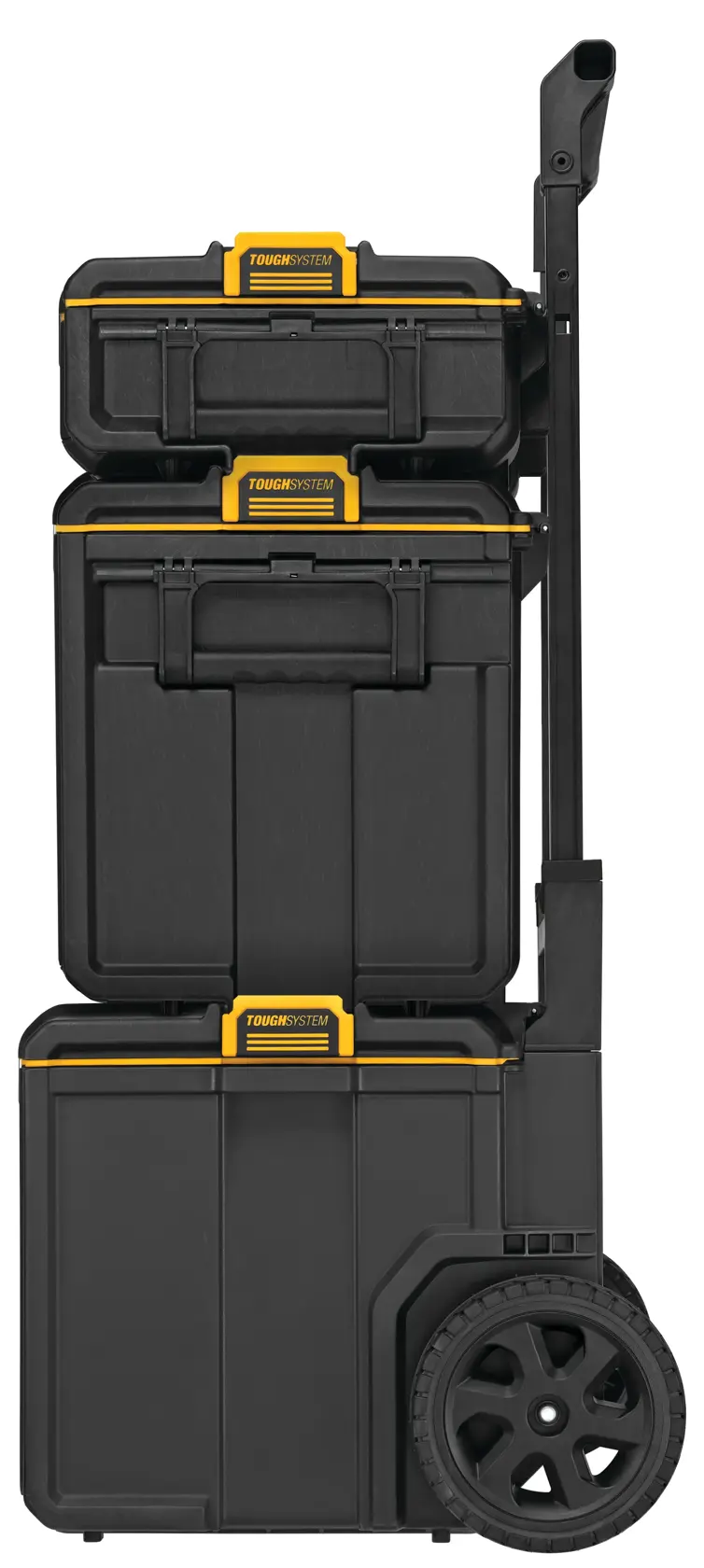 Stacked black and yellow DEWALT tool storage boxes mounted on a wheeled trolley.