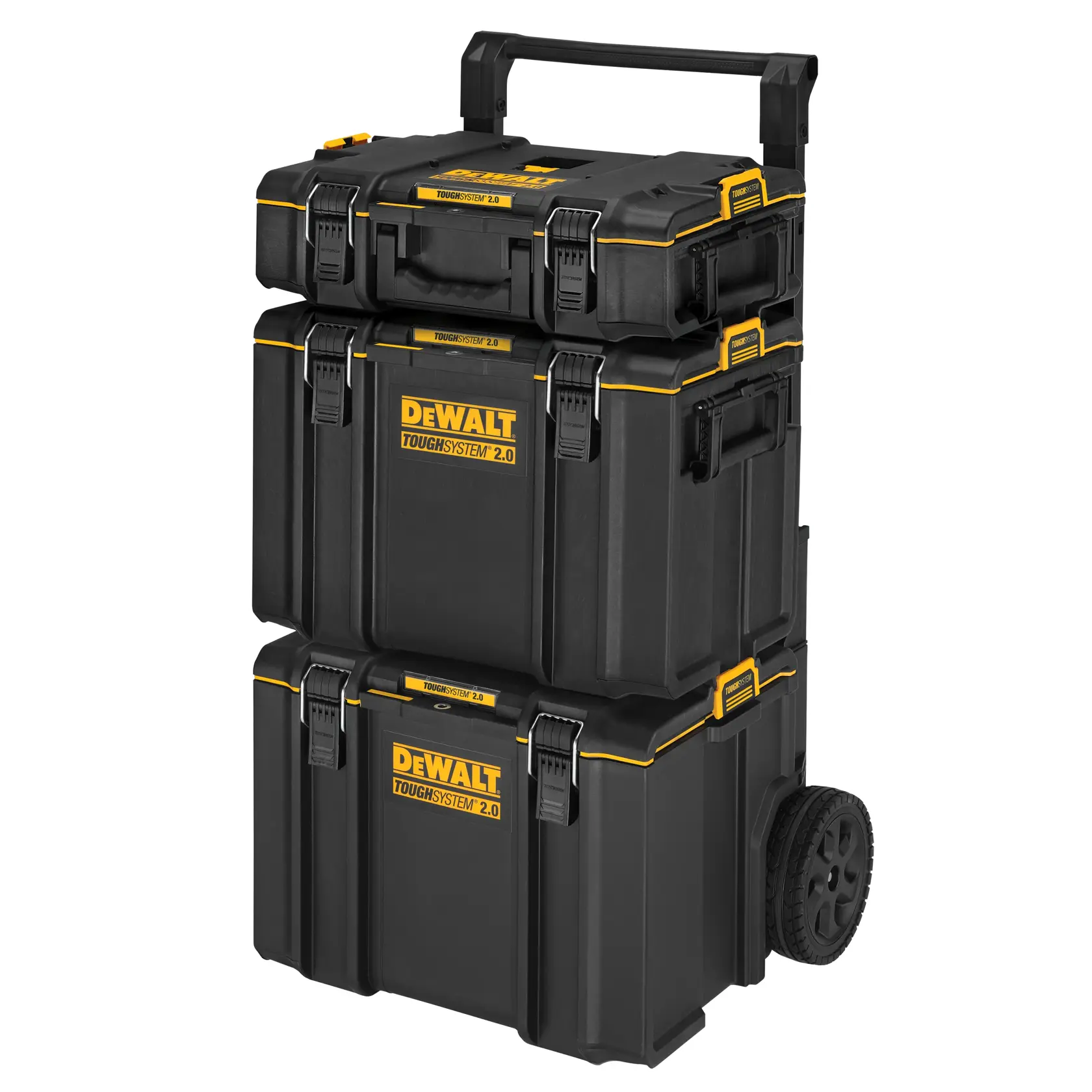 Three stacked black DEWALT ToughSystem 2.0 toolboxes with yellow accents, mounted on wheels and a telescopic handle for easy transport.