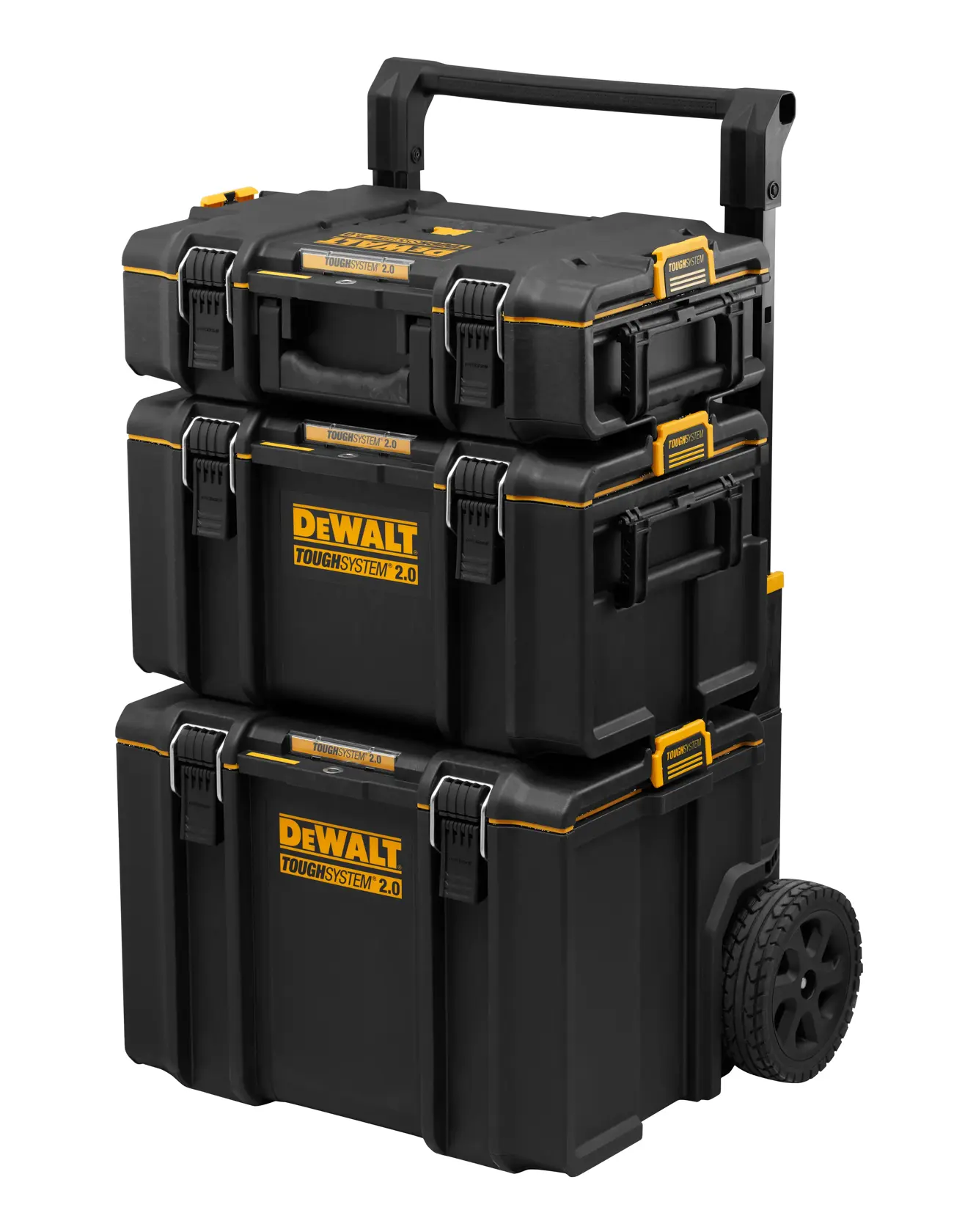 Stacked black DEWALT ToughSystem 2.0 toolboxes on a rolling cart with a handle and rugged wheels.