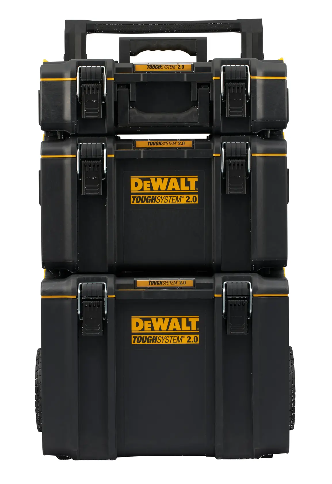 Front view of a stack of three black DEWALT ToughSystem 2.0 tool storage boxes with yellow accents and secure latches, designed for durable and portable tool organization.
