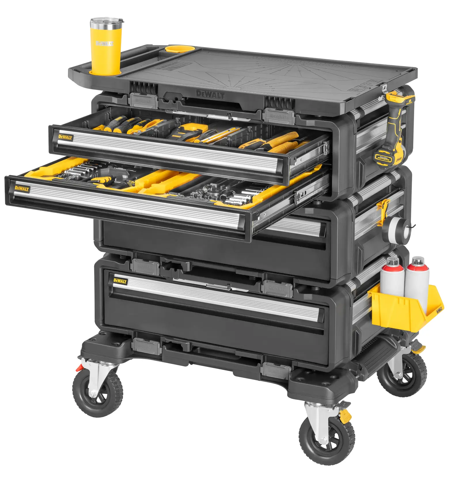 A DEWALT mobile tool chest with multiple open drawers containing various hand tools and accessories. The black and yellow rolling storage unit has a sturdy top surface with a drink tumbler, various side attachments for items like spray bottles and tape, and large caster wheels for mobility.