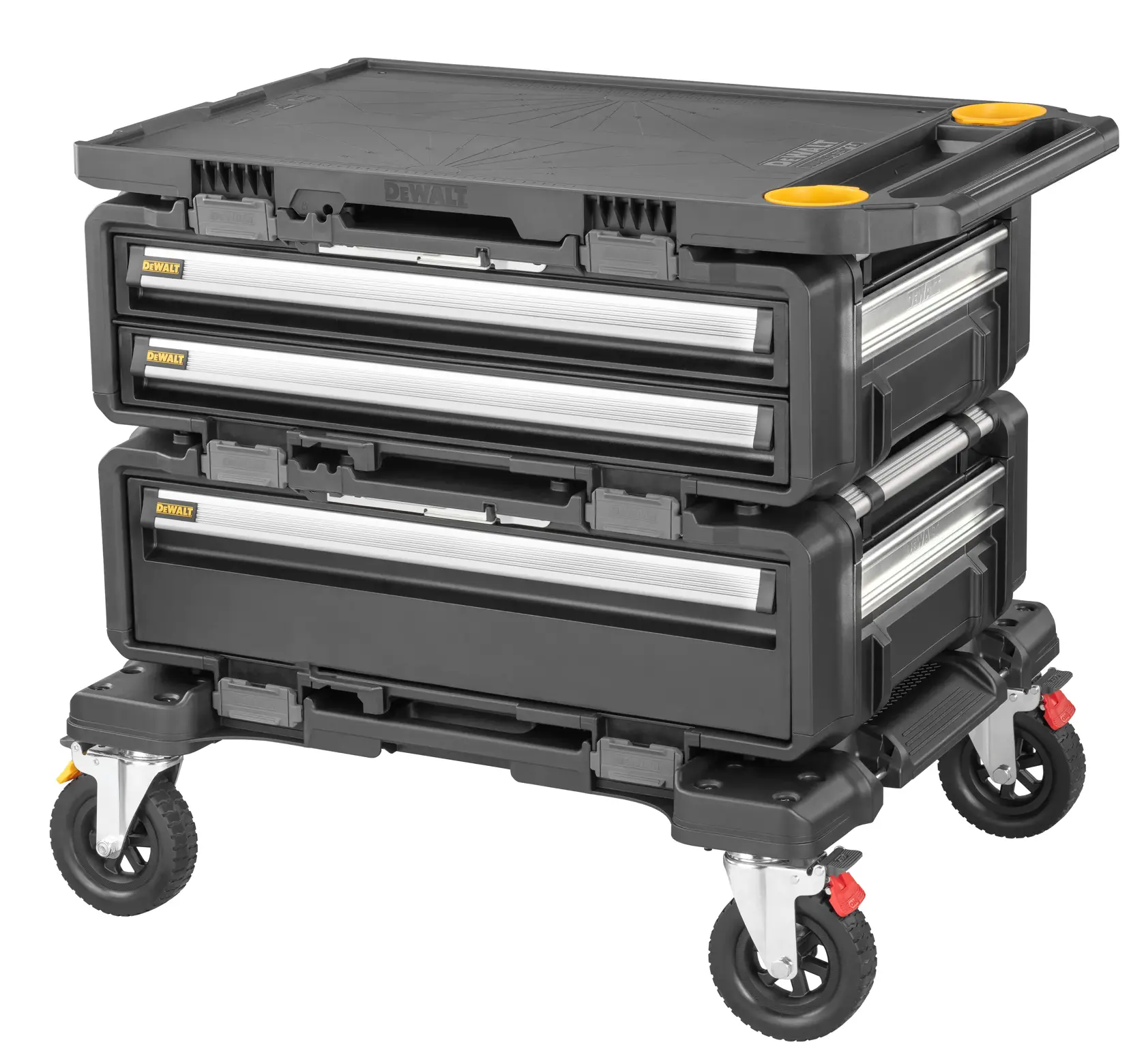 A DEWALT rolling tool storage cart with two stackable drawer units. The cart is black with metal drawer handles and four wheels for mobility. The top features two yellow circular holders and a sturdy handle on the side.