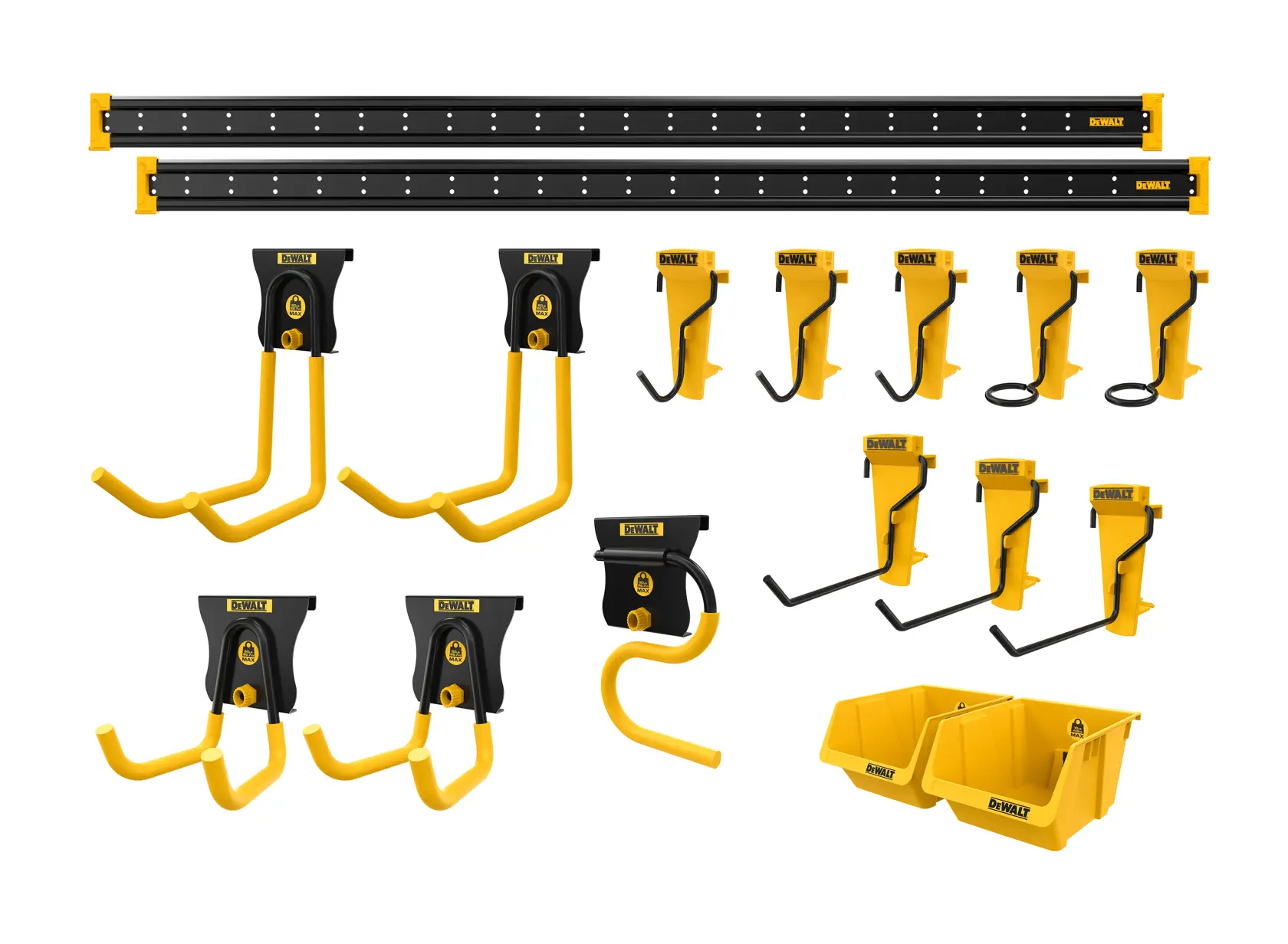 DEWALT wall-mounted tool storage system kit, including two black and yellow metal rails, multiple yellow and black hooks of various shapes and sizes, and two yellow storage bins.