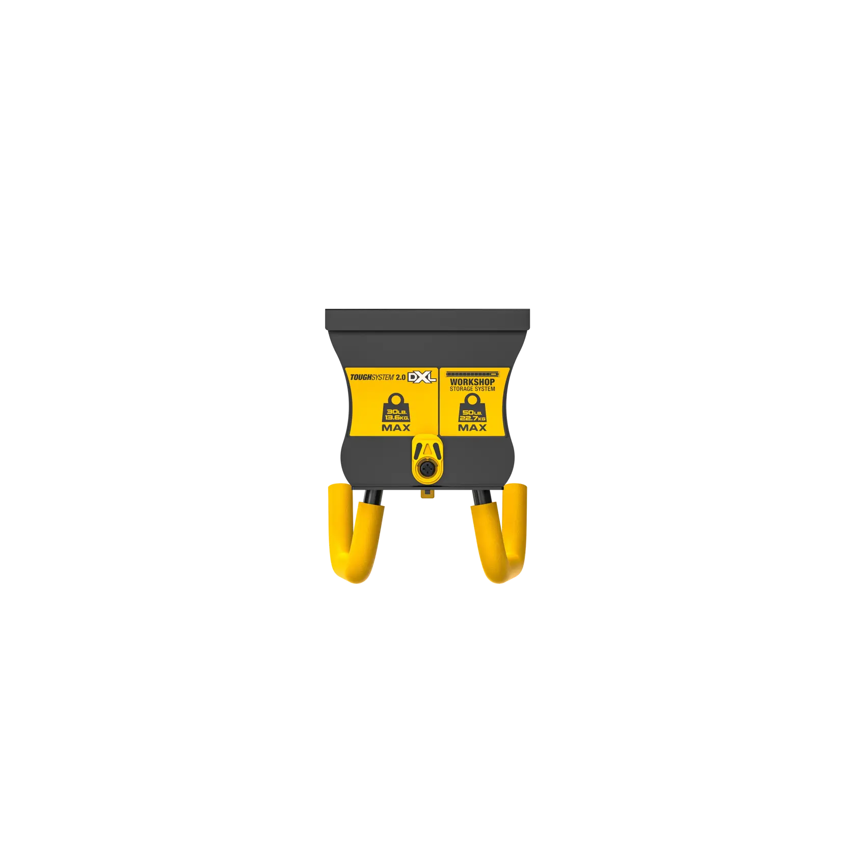 A DEWALT DWST82805 workshop storage hook with a black and yellow design, featuring two curved hooks for hanging tools or equipment.