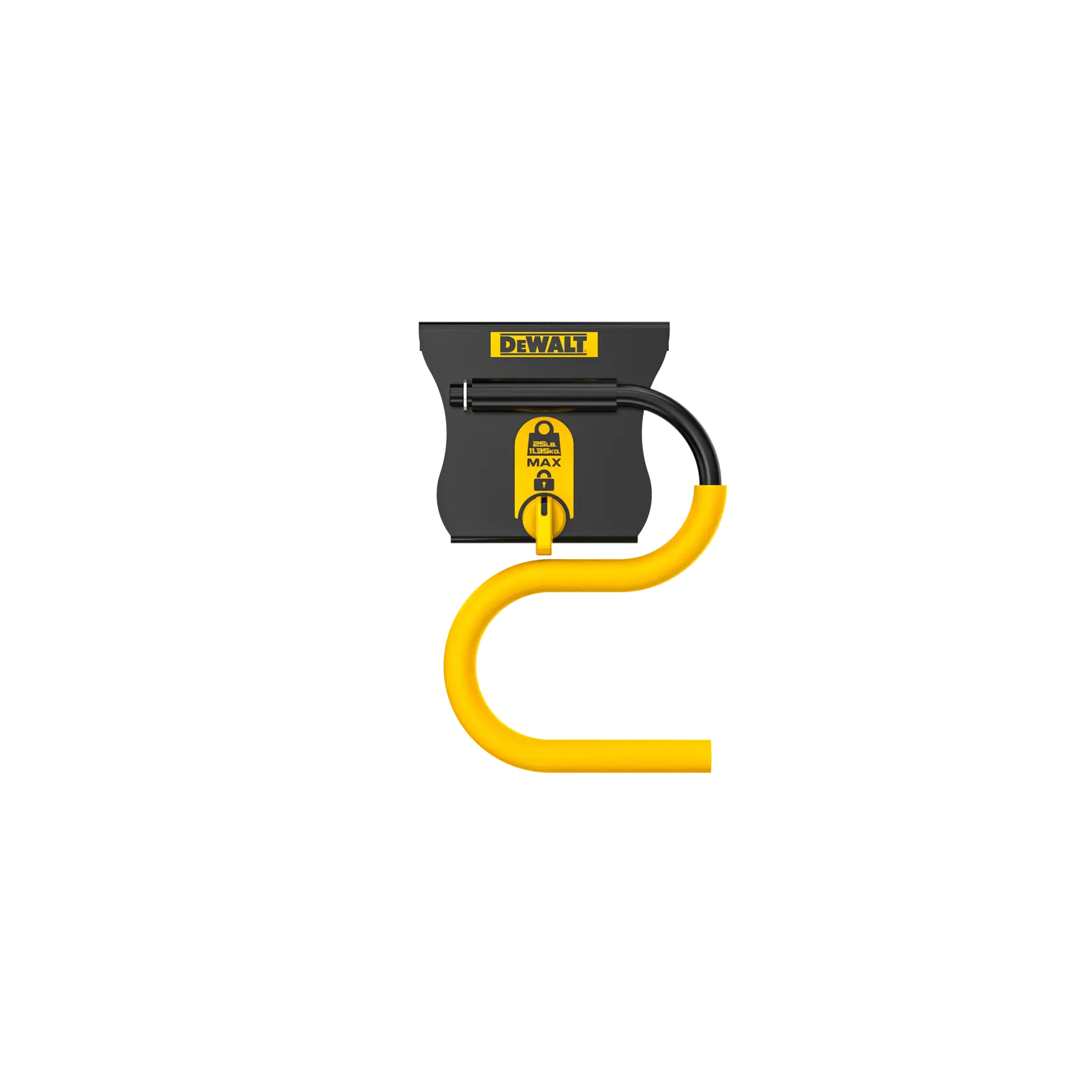 DEWALT wall-mounted hose holder with yellow hose, featuring a lock mechanism for secure storage.