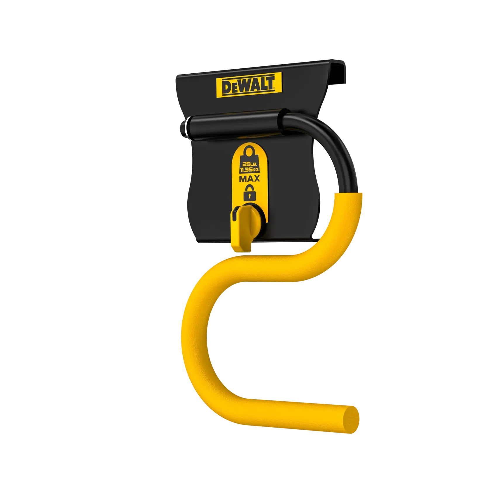 A DEWALT branded wall-mount storage hook with a yellow and black design, featuring a curved hook for hanging items and a locking mechanism. The hook is labeled with a maximum weight capacity of 25 lbs (11.3 kg).