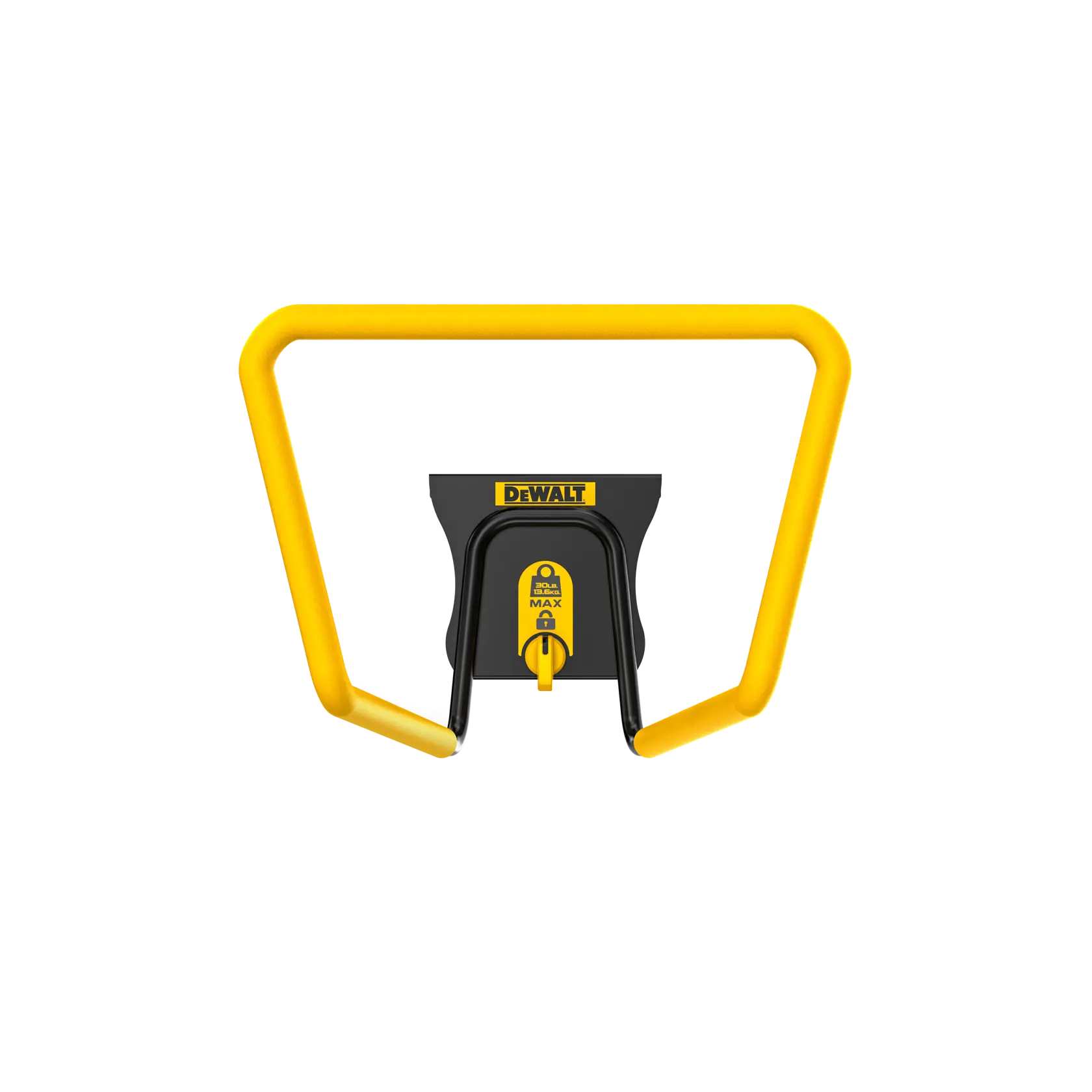 Front view of a DEWALT yellow and black camera or photography accessory, featuring a sturdy yellow frame and a central fastening mechanism.