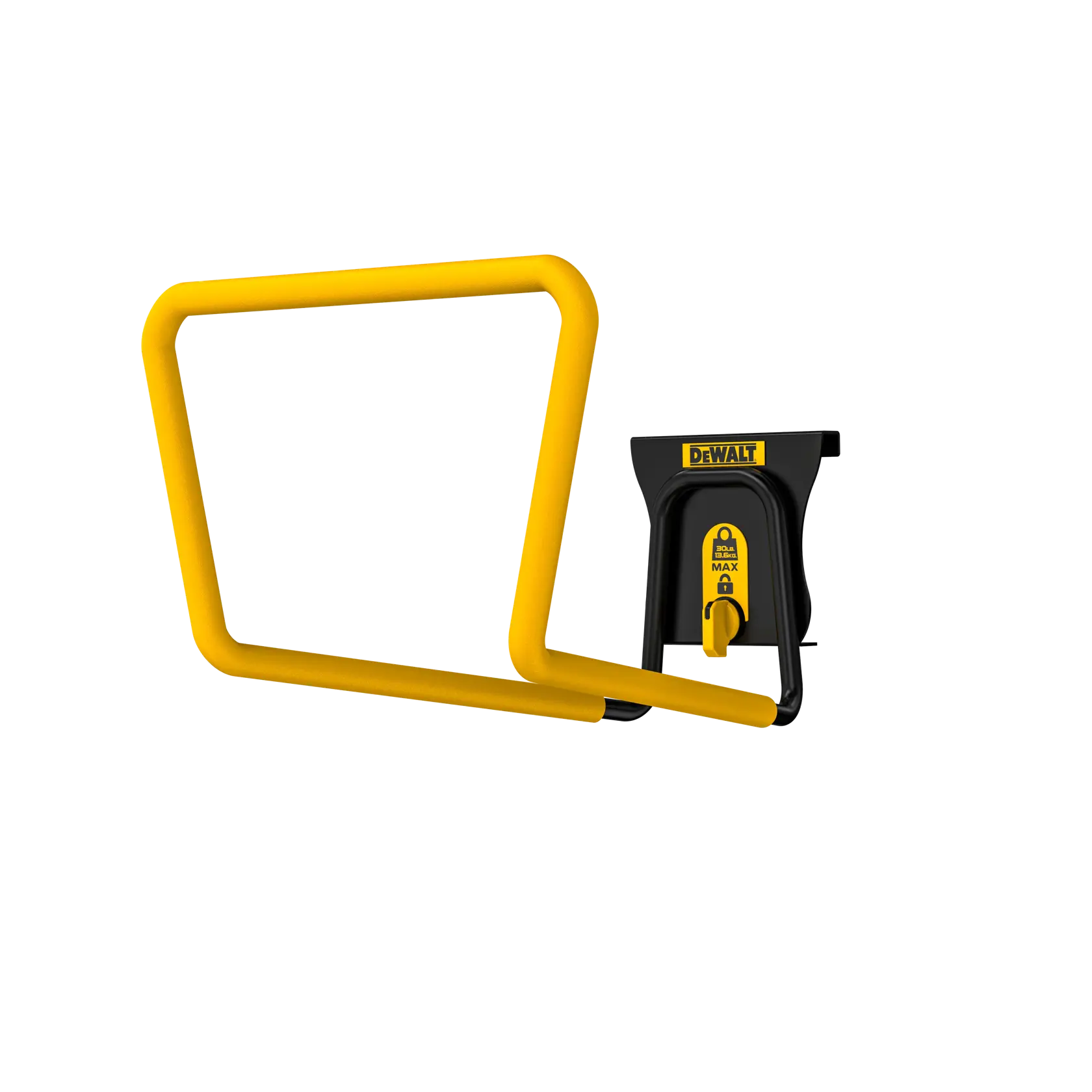 A DEWALT wall-mounted storage hook featuring a yellow, rectangular metal frame attached to a black and yellow mounting base, designed for holding tools or equipment.