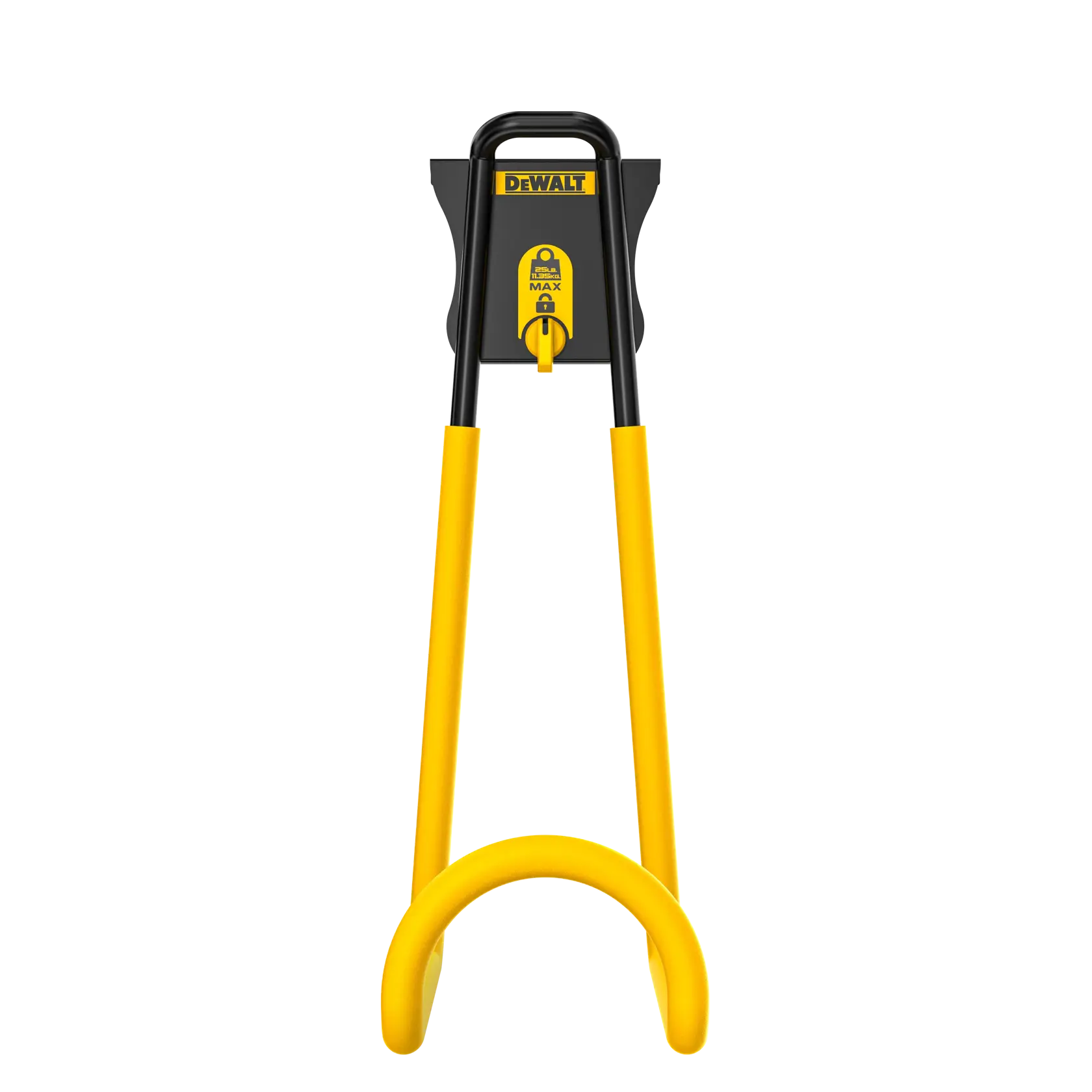 A DEWALT branded yellow and black security lock device, specifically designed for securing equipment or tools, with a U-shaped bottom and locking mechanism at the top.