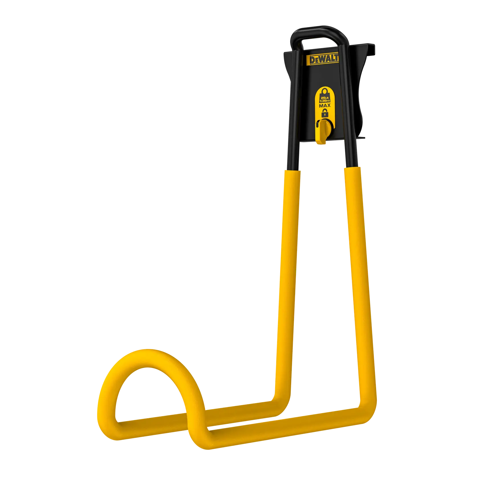 A DEWALT branded yellow and black metal bike lock holder with a curved yellow base and a top section for mounting. The product is designed for secure bicycle storage and support.