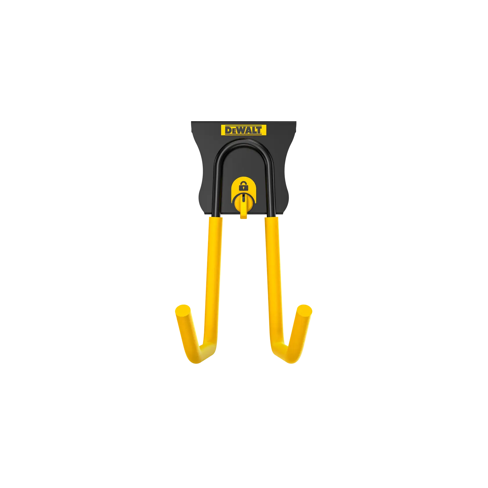 DEWALT double hook wall mount accessory with black base and yellow hooks designed for organizing tools or equipment.