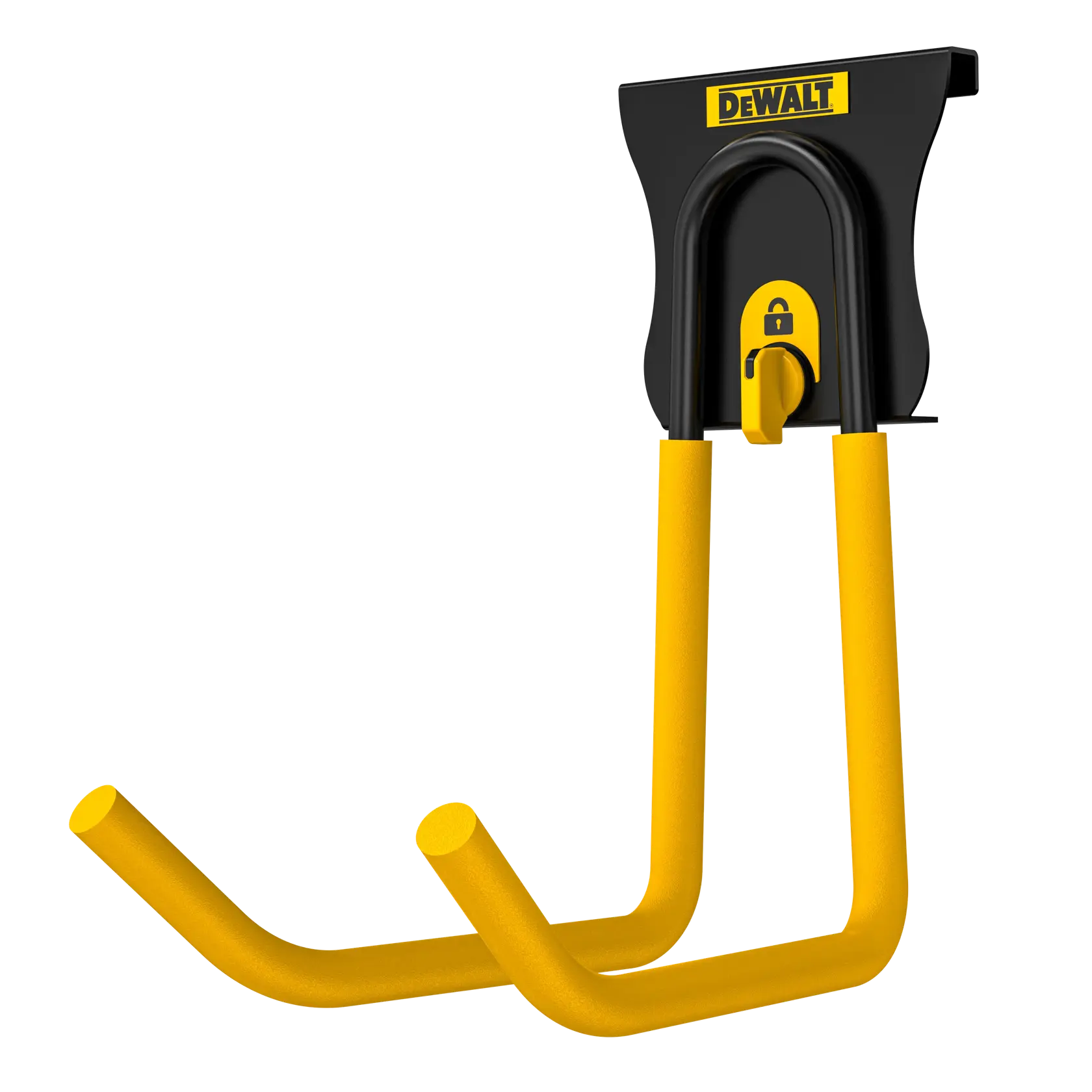 A DEWALT branded wall-mounted double hook with a yellow and black design, used for organizing or hanging items such as tools or equipment.
