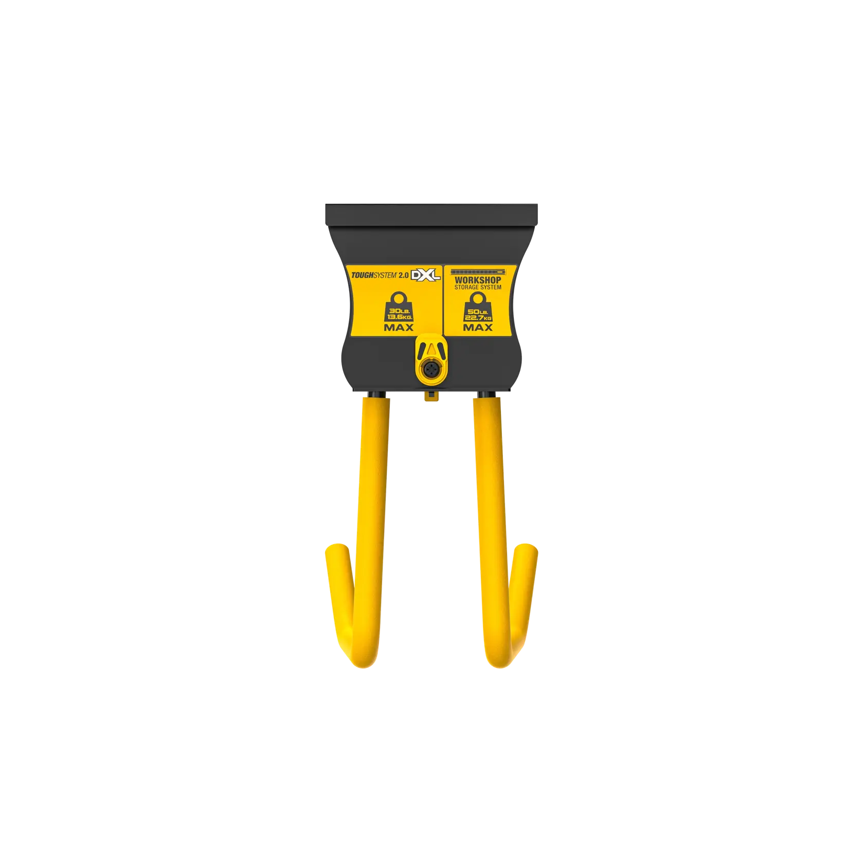DEWALT DWST82811 yellow and black dual hook storage accessory for workshop or photography use, designed for holding equipment, shown with a sturdy build and two yellow hooks.