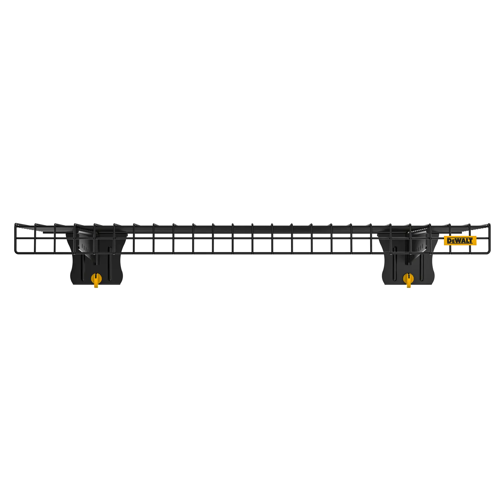 A DEWALT-branded black metal wire shelf with mounting brackets, shown against a white background.