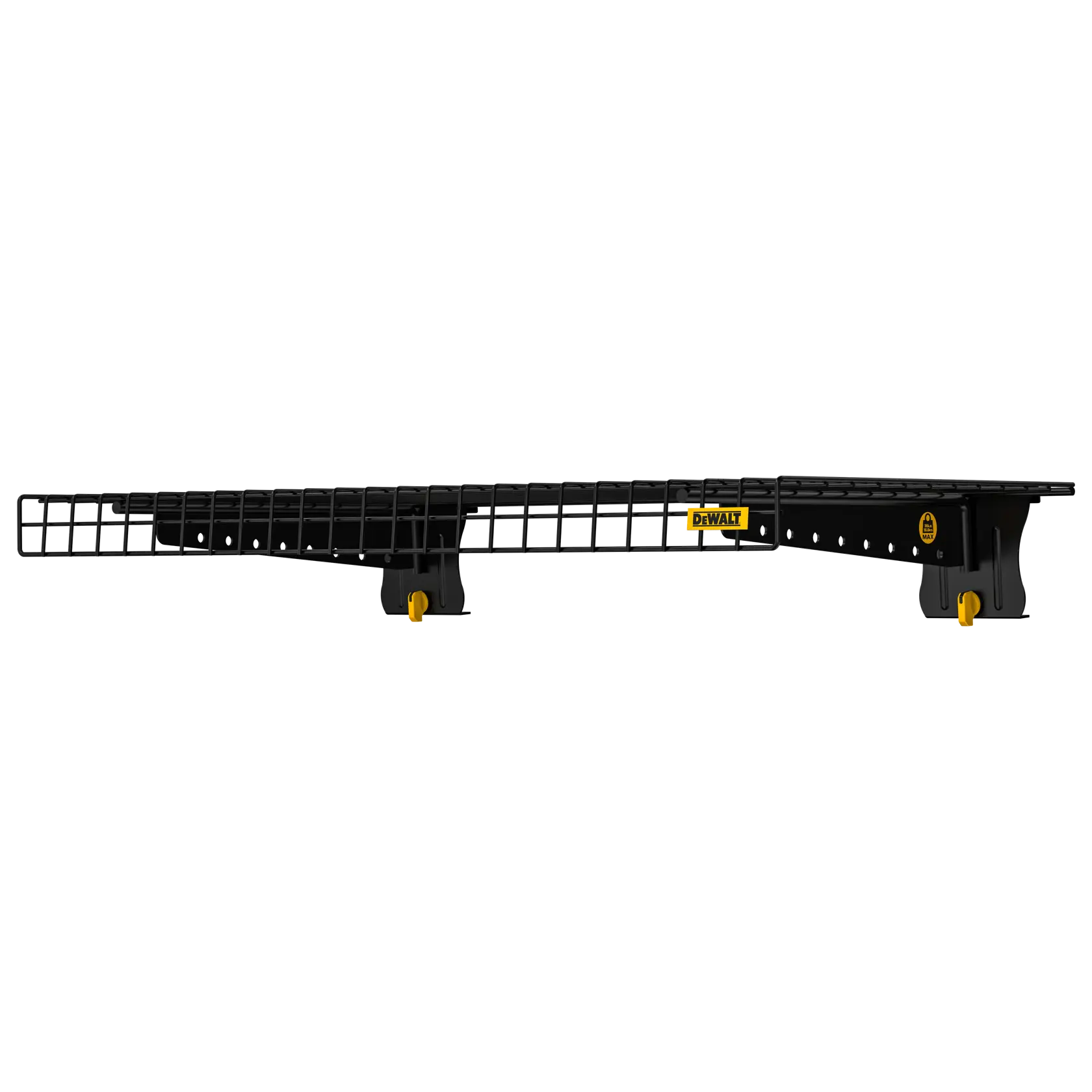 A black metal storage rack with a grid design and yellow accents, branded with DEWALT logo, viewed from the side.