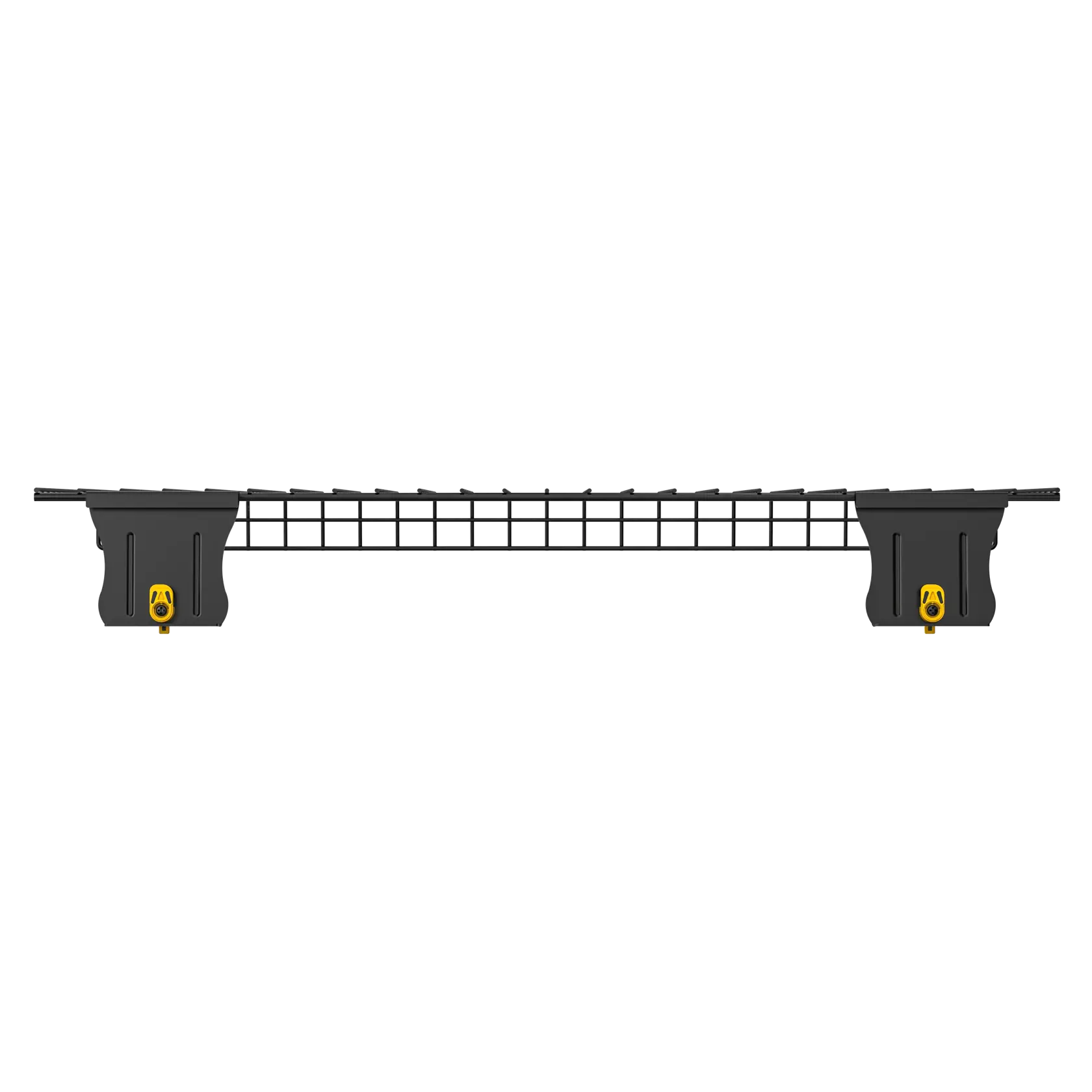 Side view of a DEWALT DWST82812 black metal grid shelf with two black end brackets and yellow locking mechanisms.