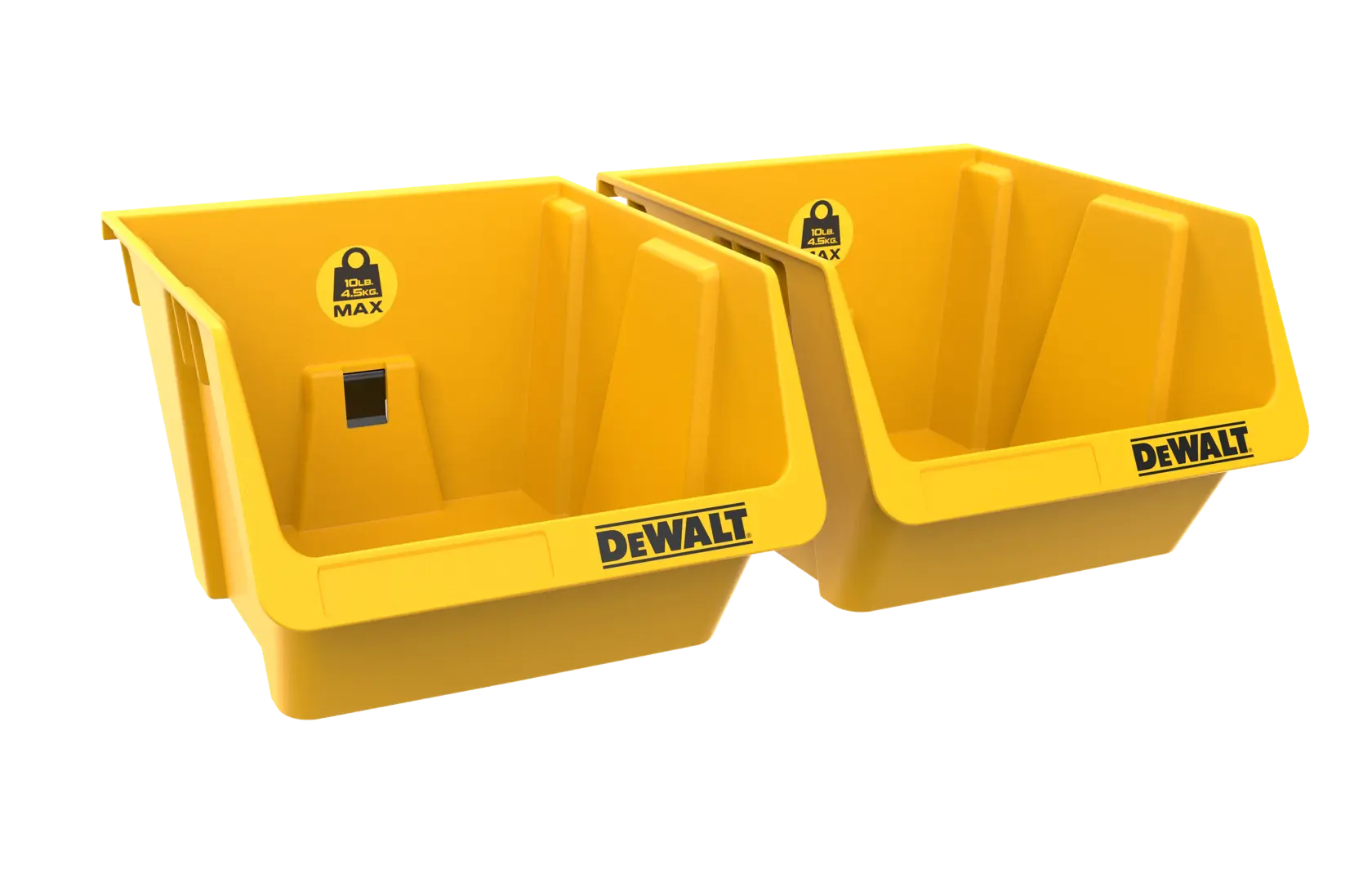 Two yellow DEWALT storage bins with open fronts, designed for organizing tools or parts.